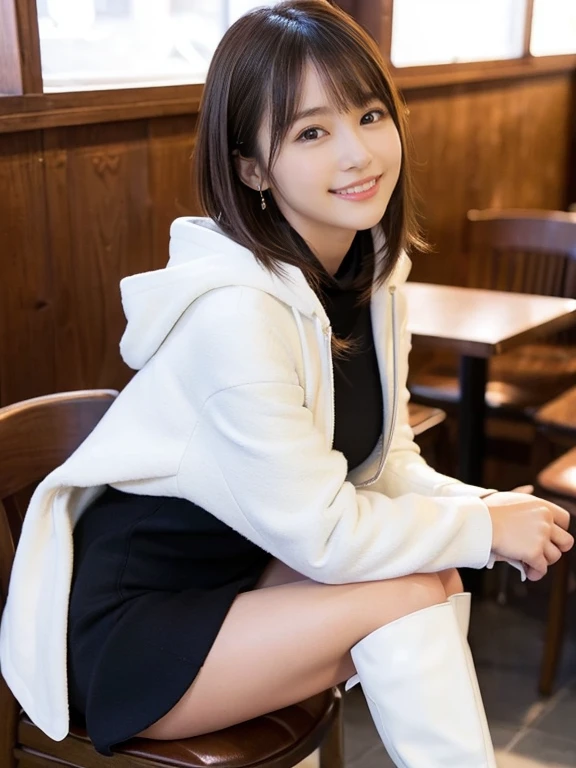 (Photorealistic), (ultra high realistic), (The ultra -The high-definition目), (ultra high detailed), (Increase contrast), (Increase saturation), (12 year old super beautiful girl), (light skinned)A pretty woman with perfect figure, Bright smile,, (Lifelike face), a short bob、Hair hanging over the ears, Realistic eyes, natural make up、beautiful detail, (real looking skin), Beautiful skins, enticing, The ultra -The high-definition, A hyper-realistic, Realistic, Very detailed,, bangss), (Tight black knit miniskirt dress、)(Outerwear is a short white hooded coat、Opening the front)(White knee high boots)japanese cute idol, I can see the cleavage) Brown hair,((Stylish café))Inviting Pose、Beautiful valley、beutiful breast、thin-waist、big butts、Crossed legs、a chair、Knee-deep angle
