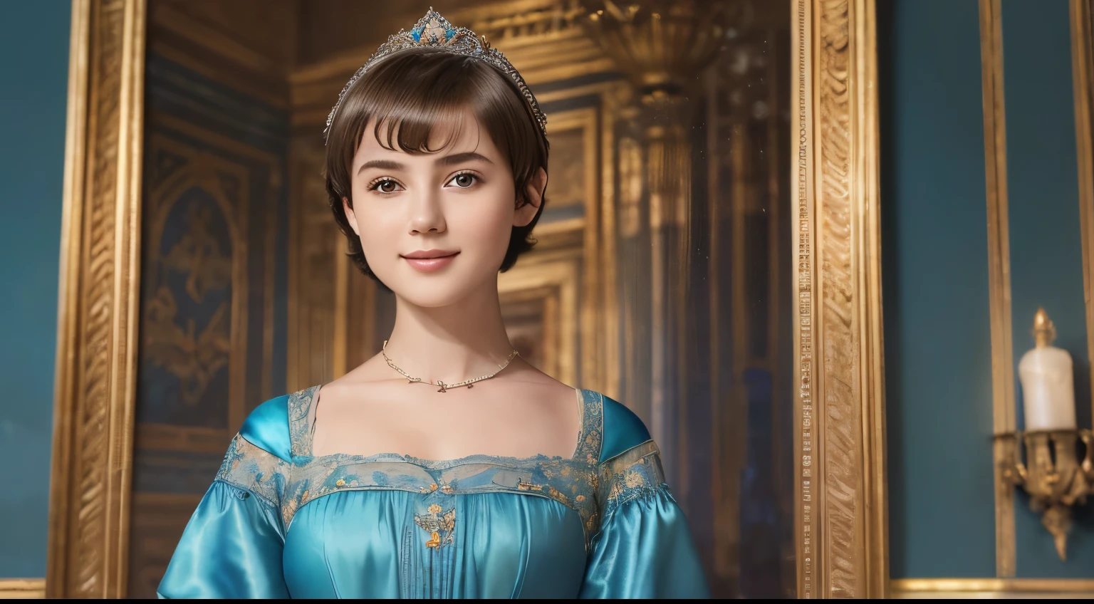 142
(a 20 yo woman,in the palace), (A hyper-realistic), (high-level image quality), ((beautiful hairstyle 46)), ((short-hair:1.46)), (kindly smile), (breasted:1.1), (lipsticks), (wearing a blue dress), (murky,wide,Luxurious room), (florals), (an oil painting、Rembrandt)