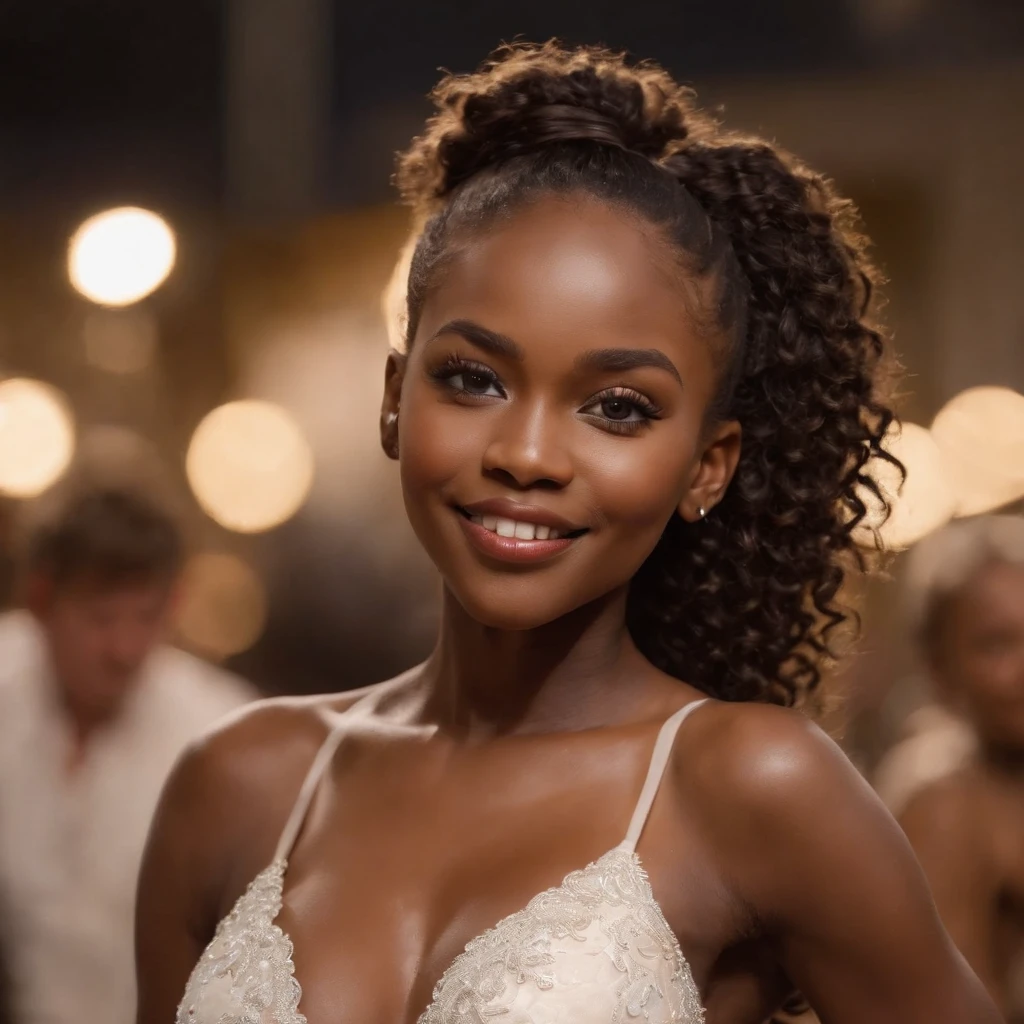 ((Dark African skin, Very deep ebony skin)), ((Its beauty undeniable)), ((Excited cute face)), ((Hyper detailed perfect eyes,)), ((pose mignonne)), ((Langue sortie)), ((Seductive )), ((gala, chic)), ((Afro ponytail with long African curly hair,)), (( peau)), ((debout, vue de face)), ((toucher ses propres jambes dans une pose sexy)), ((indoor, gala, dancing, club, people in the background)), Sharp Focus CGI, photoreallistic, High detail, Realstic, Masterpiece, absurdes, Best quality, Hdr, High quality, high-definition, Extremely detailed, 8k wallpaper, Intricate details, 8K UHD, Full-HD, (photo realist:1.2), contraste, intense illumination, lighting cinematic, natural lighting, veilleuse, Nuit, Illumination globale, Laughing out loud, a la piscine African women、Female sexy, the hague