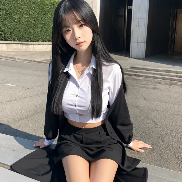 bright expression、photorealisim、top-quality、超A high resolution、a picture、Photos of the most beautiful Nordic girls、Detailed cute and beautiful face、a small face、(pureerosface_v1:0.008)、Beautiful bangs、alice in the wonderland、 student、(thighs thighs thighs thighs:1.2)、full body Esbian、Glowing white shiny skin、a small face、Bangs that extend to the face、bangss、Hair between the eyes、Silky hair of attractive black coloner hair、 Clear light blue eyes look attractive、(winter school uniform:1.2)、(pleatedskirt:1.2)、eye liner、a park、Sitting on a bench、Double eyelids、ample breasts、Dynamic Pose