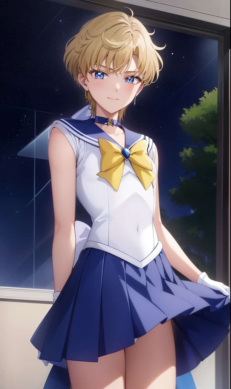 Top Quality Anime Art、masterpiece、high definition anime art、anime style 4 k、hight resolution、Sailor Senshi Uniform、solo、Blue sailor collar、Haruka Tenno、sailor uranus、Very short blonde boy、rating:safe、a blue skirt、a miniskirt、Anime Boy、かっこいいAnime Boy、a high school boy、gender change、gender change(Girls to boys)、Magical Boy、white glove、back_bow、Blue choker、bow、shiny_hair、Masculinization、shiny、looking_at_viewer、Blue-eyed boy、Boy looks back、night、a miniskirt、pleatedskirt、smile、circlet、skirt rift、Yellow bow tie、yellow_bow、parted_bangs、cowboy_shot、jewelry、Boy stands、White leotard、highleg leotard、robe blanche、Bare shoulders、bare legs、Bare arms、from_behind、blue_bow、