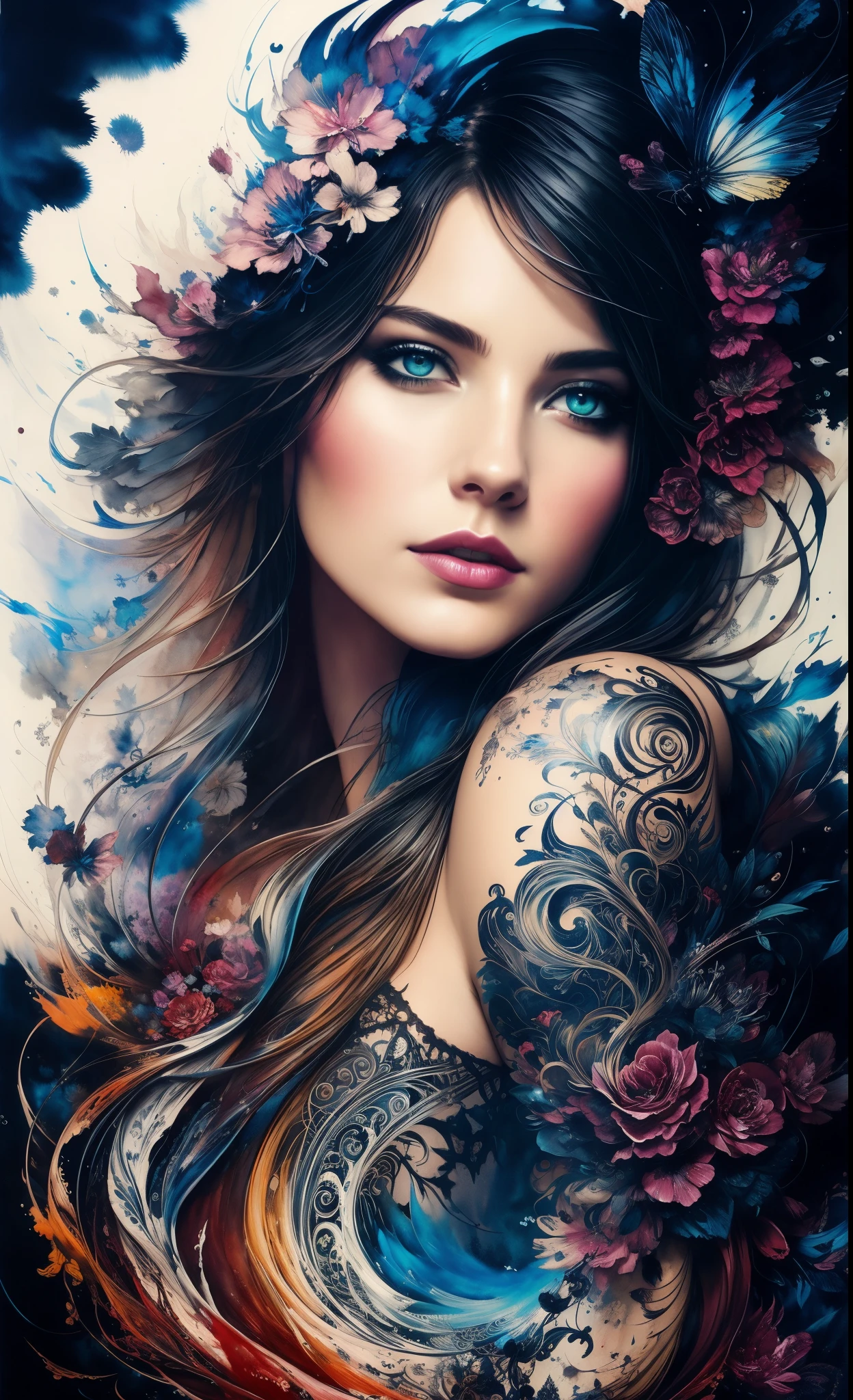 Colorful beautiful woman: Black ink flow: 8k resolution photorealistic masterpiece: by Aaron Horkey and Jeremy Mann: intricately detailed fluid gouache painting: by Jean Baptiste Mongue: calligraphy: acrylic: watercolor art, professional photography, natural lighting, volumetric lighting maximalist photoillustration: by marton bobzert: 8k resolution concept art intricately detailed, complex, elegant, expansive, fantastical