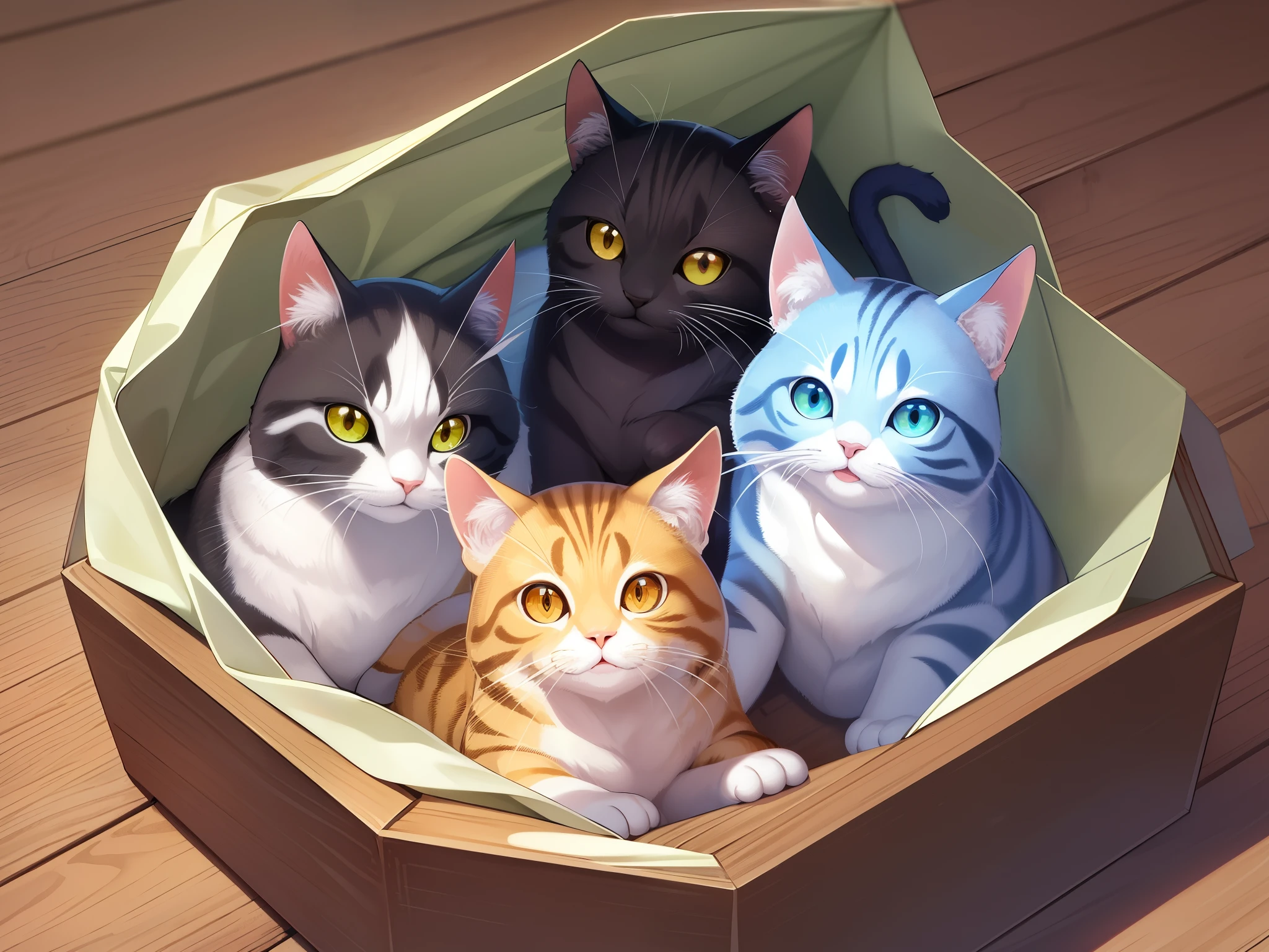 top-quality、Masterpiece、detaileds、Schrödinger's Cat、thought experiment、Prepare a sealed box with a lid.、put a cat in this。Also inside the box is a small amount of radioactive material and a Geiger counter.、There is a cyanide gas generator that is operated on it.。Radioactive substances have a 50 chance of atomic decay within 1 hour.％and、If it collapses, cyanide gas will be released and the cat will die.。On the other hand, if the atoms do not disintegrate, no poisonous gas will be produced and the cat will not die.。「観測者がuntil you open the box、cat life and deathは決定していない」It is said that[6]。When an atom collapses can only be explained probabilistically using quantum mechanics.。until the observer sees、Events in which the atoms in the box are collapsing and events in which they are not collapsing overlap.。The moment the observer confirms the event, the event contracts and the result is determined.。Schrödinger did this「cat life and death」linked to the phenomenon、「Until the observer sees the contents of the box.、cat life and deathは確定しておらず（undecided）、The event only contracts when the observer opens the lid and looks inside.、それによりcat life and deathが決まるとして、until you open the box、The state of a living cat and the state of a dead cat overlap.」interpreted to mean[6]、「Specialities of the microscopic world」In response to the explanations of quantum mechanics based on the premise that、「macro event」by expanding「Probability interpretation of quantum mechanics」tried to prove that is wrong[6]。