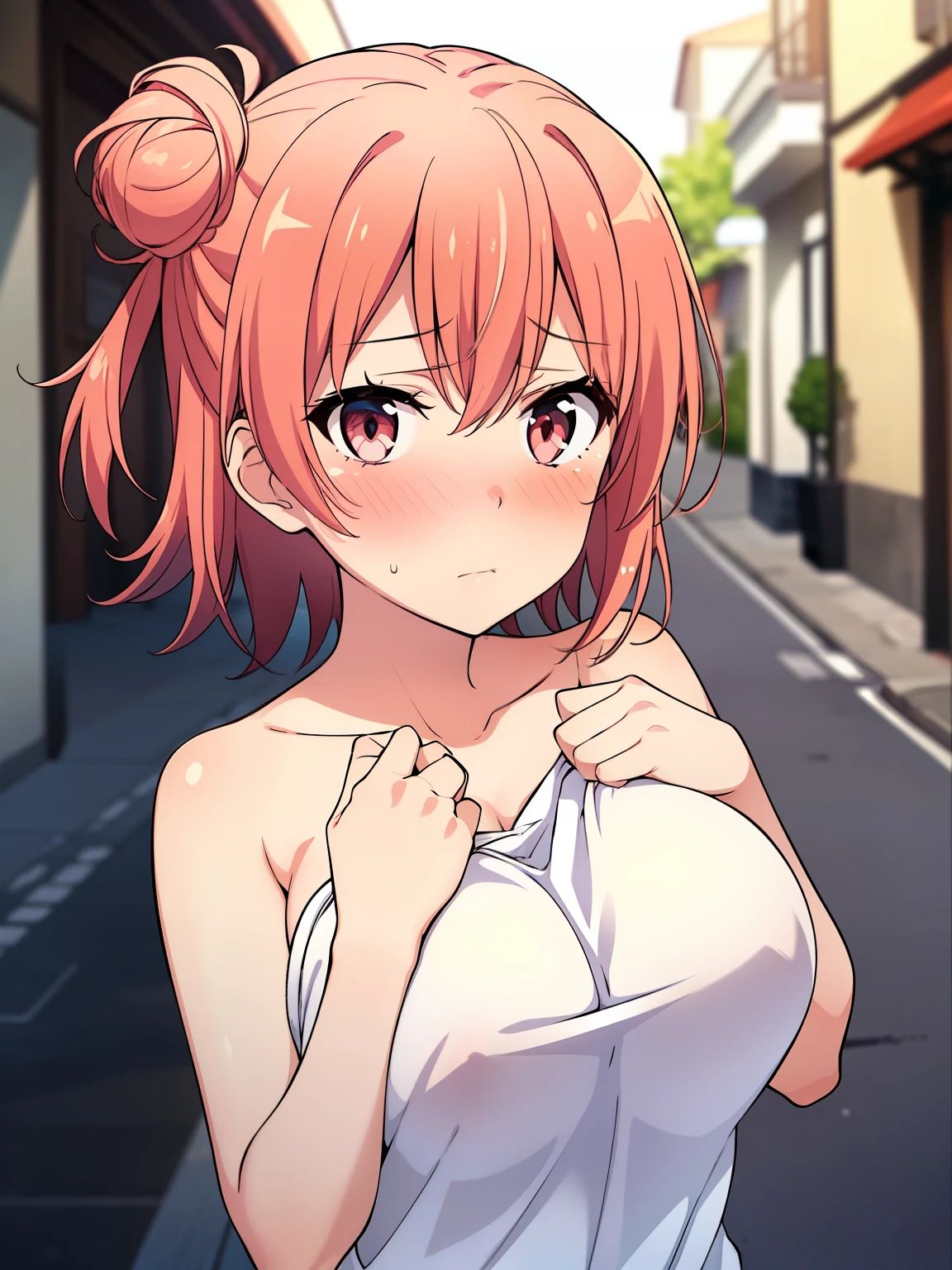 (masutepiece, Best Quality, hight resolution, nffsw, Perfect Pixel, depth of fields, 4K),
1girl in, Lori, Beautiful anime girl,
Looking at Viewer,
Perfect body,
Yuigahama Yui, Short hair, Pink hair, Hair bun, (large boob),
(Shy, blush:1.5),
Naked towel,
in street,