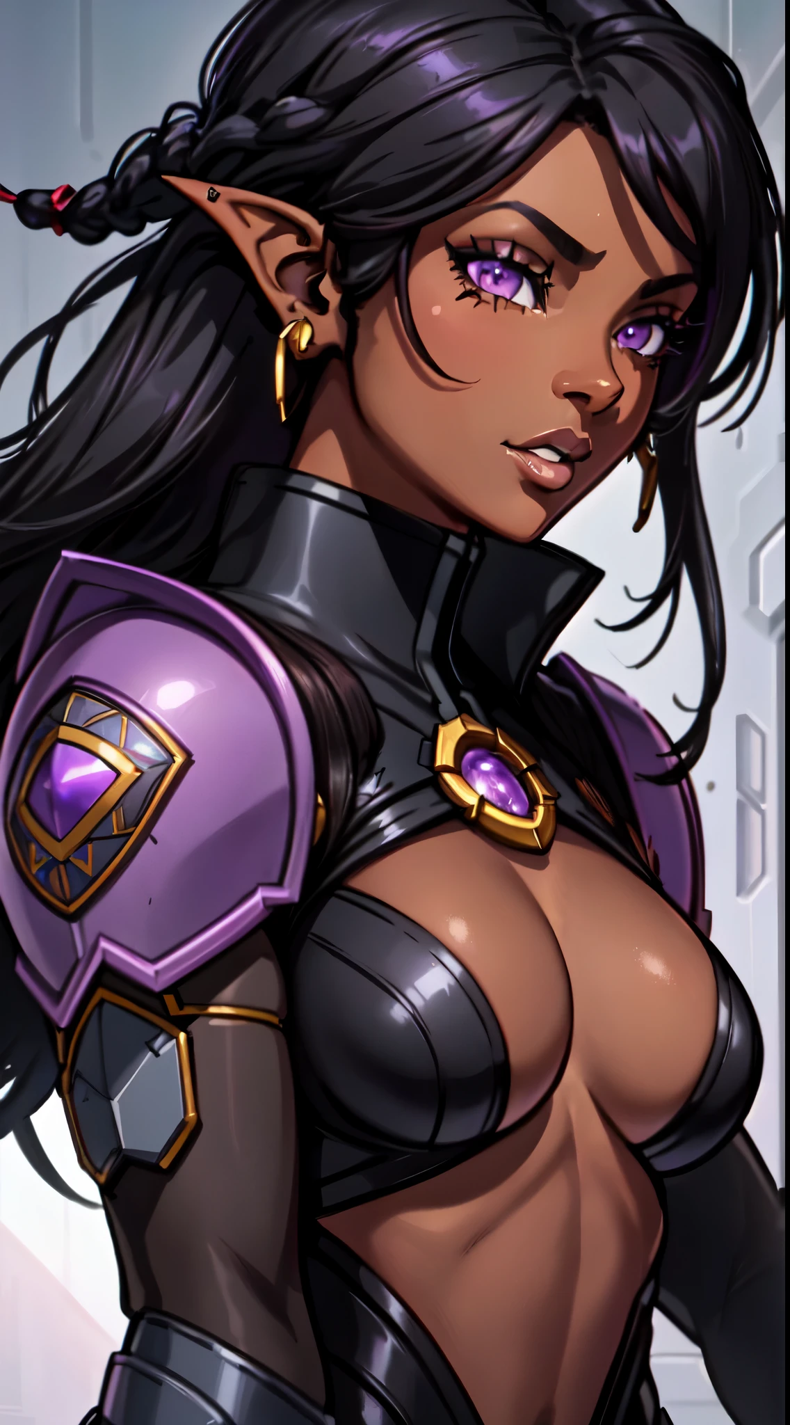 An (African-American) female, with dark (black dreadlocks), purple eyes, dark (brown skin), (pointed ears), (slutty assassin), () black armor, (lust) demon, (Sci-fi) fantasy, (close-up shot), perfect composition, hyper-detailed, 8K, high quality, (perfect eyes), trending art, sharp focus, studio photo, intricate details, (Pin-up) pose