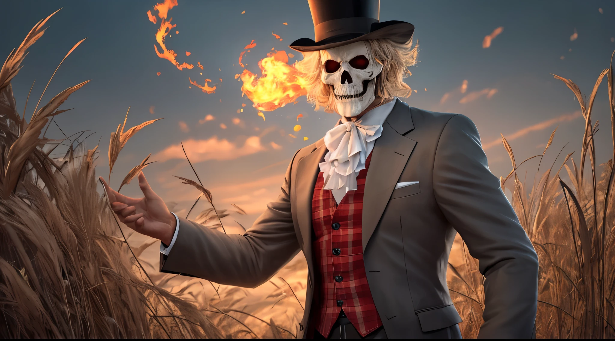 Spooky male scarecrow, made of straw, wearing an old spooky top hat. Arms raised, reaper, death,, skull face, scary, dark ambience, cemitery, action pose, dark blue eyes, blue fire --auto --s2