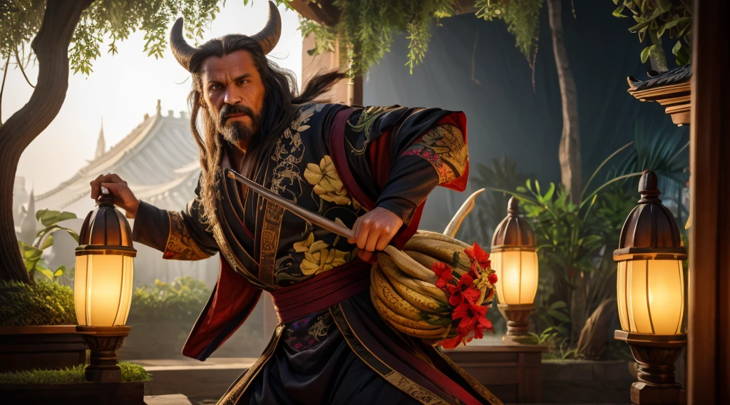 Mortal cultivation immortals,wonderland,Hanfu,40 year old man,flight,There is a gourd on the back,There is a spiritual beast chasing behind me,tmasterpiece,8K,ultra - detailed,ultra - detailed渲染, Anatomical correct