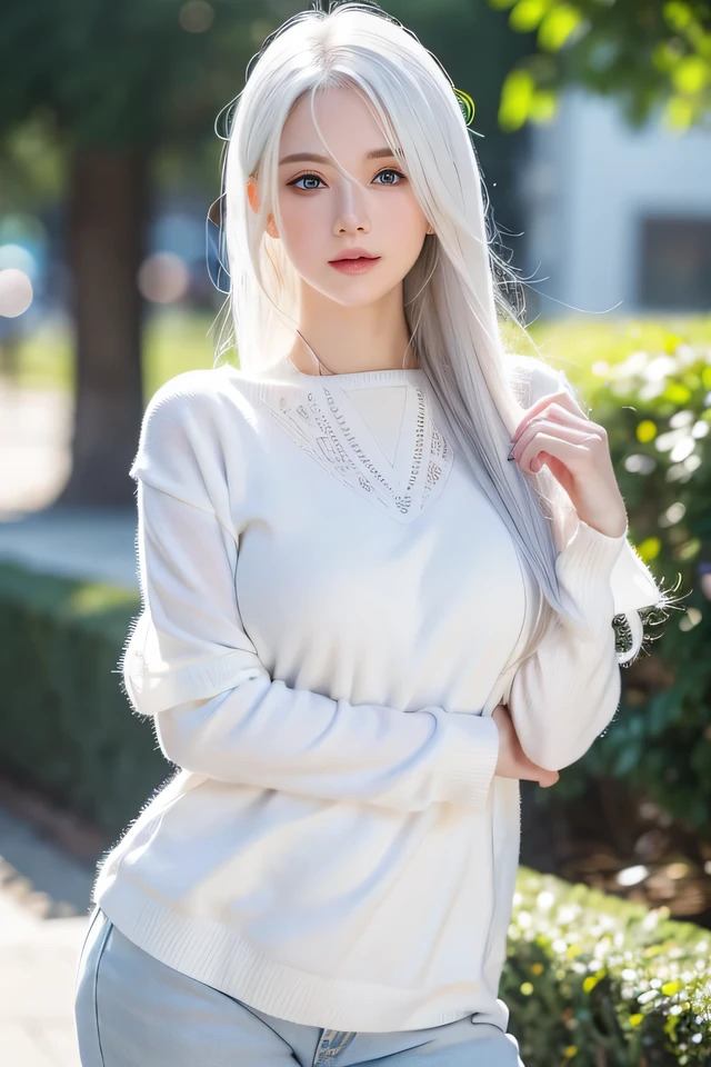 White hair, Eyes are blue, Casual attire, Dynamic Pose, ,natural skin textures, Natural lighting, Confident expression, Bokeh background, High resolution.ultra-detailliert、14old white lady