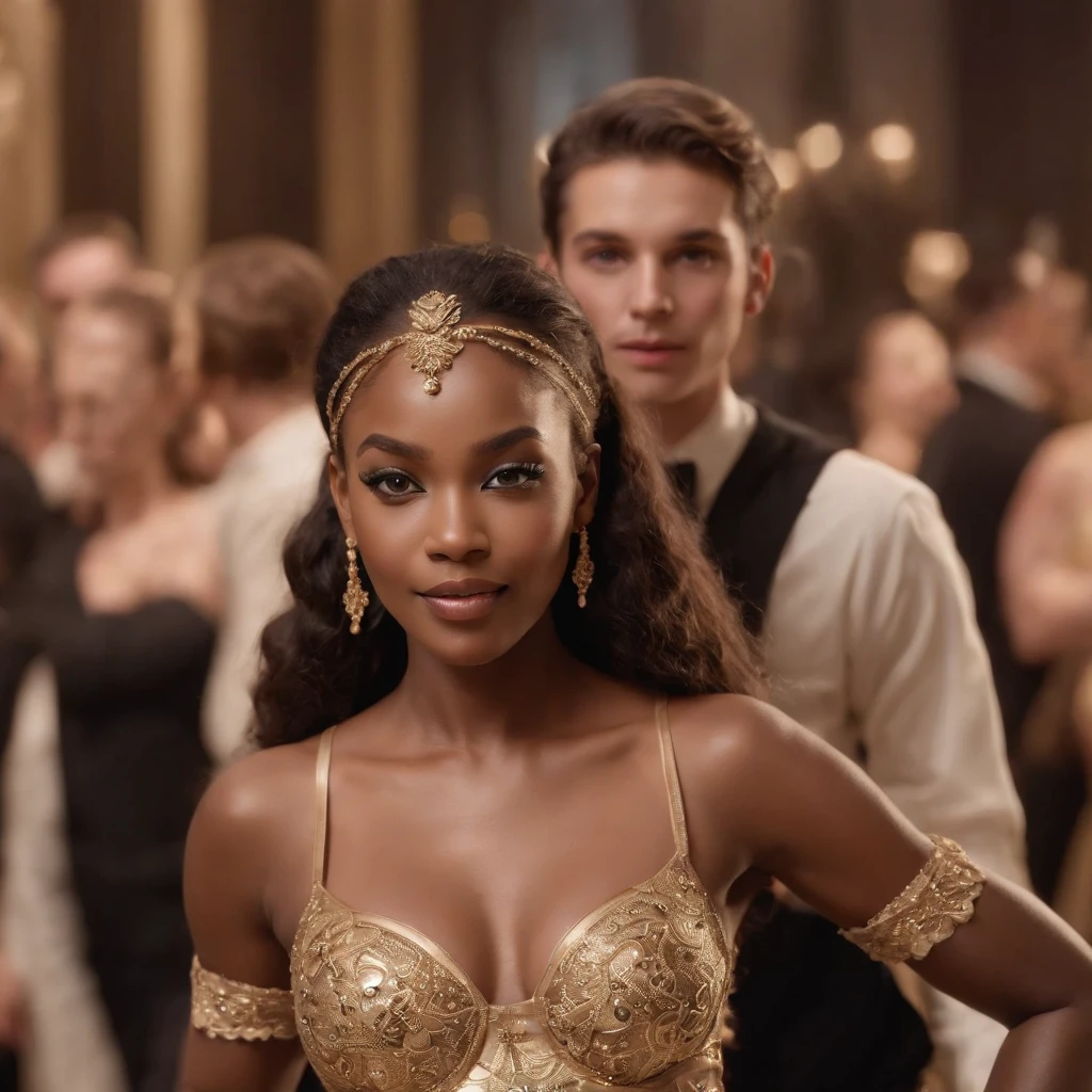 ((Dark African skin, Very deep ebony skin)), ((Its beauty undeniable)), ((Excited cute face)), ((Hyper detailed perfect eyes,)), ((pose mignonne)), ((Langue sortie)), ((Seductive )), ((Masquerade Ball, wearing mask, chic)), ((Afro ponytail with long African curly hair,)), (( peau)), ((debout, vue de face)), ((toucher ses propres jambes dans une pose sexy)), ((indoor, gala, dancing, club, Masquerade Ball, people in the background)), Sharp Focus CGI, photoreallistic, High detail, Realstic, Masterpiece, absurdes, Best quality, Hdr, High quality, high-definition, Extremely detailed, 8k wallpaper, Intricate details, 8K UHD, Full-HD, (photo realist:1.2), contraste, intense illumination, lighting cinematic, natural lighting, veilleuse, Nuit, Illumination globale, Laughing out loud, a la piscine African women、Female sexy, the hague