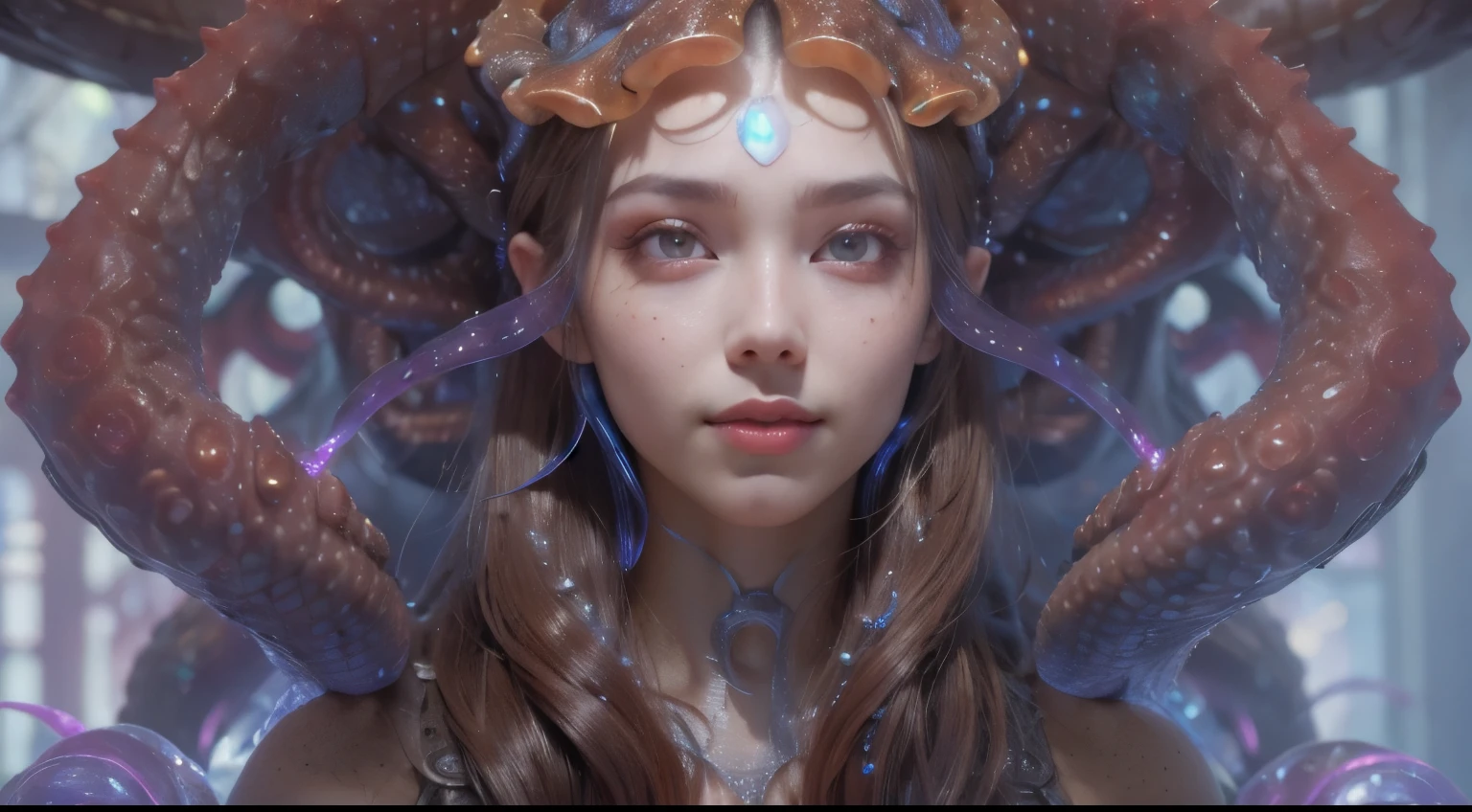 Portrait, (beautiful female alien:1.2), (she has red eyes with no pupils:1.8), (Translucent skin:1.7), (There is a female genital-like organ in the middle of the forehead:1.9), (The most beautiful face in the history of the universe:1.2),an evil gaze that seduces, (large mouth:1.1), (sharp teeth like a vampire:1.2), Full body like, (bio luminescent:1.5), (Smile wickedly:1.3), (sexypose:1.5), alien, No humans, cells are fused, (Lots of translucent tentacles:1.3) extraterrestrial, cell, bio image, Best Quality, 8K,4K_quality, High Definition, Dramatic Lighting, masutepiece:1.5,cinematic quality, detail up, (Intricate details:1.2), High resolution, High Definition, drawing faithfully, (Thick eyebrows:1.2), Beautiful eyes with fine symmetry,(Highly detailed face and eyes:1.2), Intimate face, (Super detailed skin quality feeling:1.4), Perfect Anatomy, (Beautiful toned body:1.5), (Moist skin:1.2), No makeup, (dark circles:1.1), long canines, cinematic drawing of characters, ultra high quality model, cinematic quality, detail up, (Intricate details:1.2), High resolution, High Definition, drawing faithfully, Official art, Unity 8K wall , 8K Portrait, Best Quality, Very High resolution, ultra detailed artistic photography, midnight aura, unreal enginee 5, Ultra Sharp Focus, art by alberto seveso, ArtGerm, Roisch, intricate artwork, best quality, masutepiece, ultra High resolution, (photos realistic:1.4), Ultra-realistic realism, dream-like, nautilus, Creation of fantasy, Snail, Dream Snail, (biopunk nautilus:1.3), Thrilling color schemes, Ultra-realistic realism, seductively smiling, Blue tentacles,