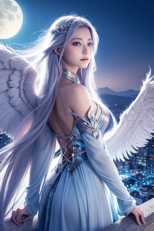A Japanese Lady, Blue eyes, Her long white hair looked out over the city.................., beautiful fantasyアート, ethereal fantasy, very beautiful fantasyアート, beautiful digital works of art, digital art fantasy, futuristic and inhuman, digital art fantasy ), amazing fantasy art, beautiful fantasy, digital art fantasyアート, 4K highly detailed digital art, detailed fantasy digital art, Beautiful digital art, digital art fantasy, Moon, Angel wings