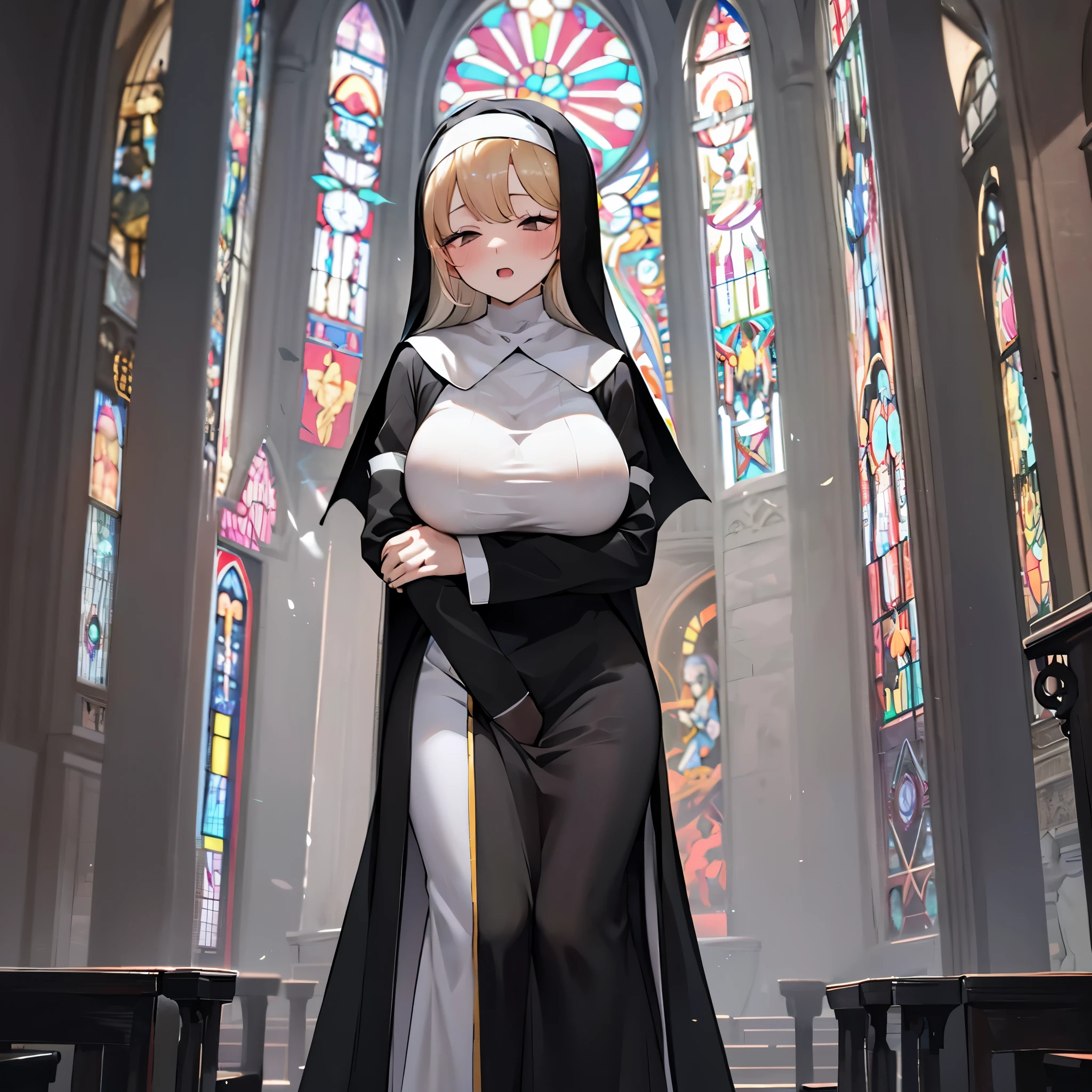 solo 1 praying num standing in church, praying with holding hands together, long (black sheer nun's robe:1.3), wearing nothing under (black nun's robe), (huge breasts:1.2), black (sheer long skirt), inconceivably thin waist, closing eyes, nose blush, open mouth, (heavy breathing:1.2), stained glass, 8k