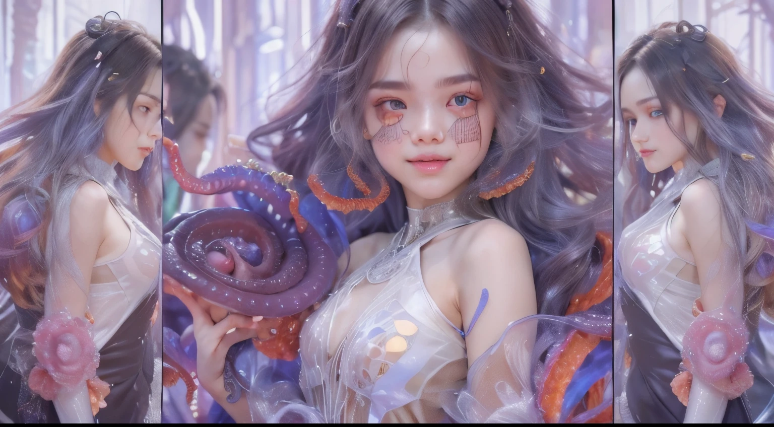 Portrait, (beautiful female alien:1.2), (she has red eyes with no pupils:1.8), (Translucent skin:1.7), (There is a female genital-like organ in the middle of the forehead:1.9), (The most beautiful face in the history of the universe:1.2),an evil gaze that seduces, (large mouth:1.1), (sharp teeth like a vampire:1.2), Full body like, (bio luminescent:1.5), (Smile wickedly:1.3), (sexypose:1.5), alien, No humans, cells are fused, (Lots of translucent tentacles:1.3) extraterrestrial, cell, bio image, Best Quality, 8K,4K_quality, High Definition, Dramatic Lighting, masutepiece:1.5,cinematic quality, detail up, (Intricate details:1.2), High resolution, High Definition, drawing faithfully, (Thick eyebrows:1.2), Beautiful eyes with fine symmetry,(Highly detailed face and eyes:1.2), Intimate face, (Super detailed skin quality feeling:1.4), Perfect Anatomy, (Beautiful toned body:1.5), (Moist skin:1.2), No makeup, (dark circles:1.1), long canines, cinematic drawing of characters, ultra high quality model, cinematic quality, detail up, (Intricate details:1.2), High resolution, High Definition, drawing faithfully, Official art, Unity 8K wall , 8K Portrait, Best Quality, Very High resolution, ultra detailed artistic photography, midnight aura, unreal enginee 5, Ultra Sharp Focus, art by alberto seveso, ArtGerm, Roisch, intricate artwork, best quality, masutepiece, ultra High resolution, (photos realistic:1.4), Ultra-realistic realism, dream-like, nautilus, Creation of fantasy, Snail, Dream Snail, (biopunk nautilus:1.3), Thrilling color schemes, Ultra-realistic realism, seductively smiling, Blue tentacles,