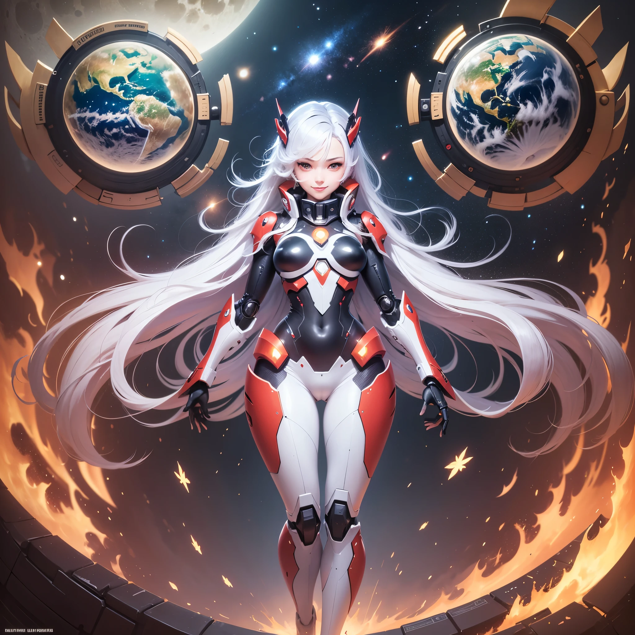 ​masterpiece、top-quality、ultra-detailliert、very detailed illustration、ighly detailed、intricate-detail、hight resolution、super complex detailtremely detailed 8k CG wallpaper、Full body shot、Caustics、Reflectors、Ray traching、(1 persons:1.5)、独奏、mecha musume、Mechanical parts、Robot joints、Complex mecha bodysuits、Super long hair、(Gentle smile:1.5)、beautiful countenance、A detailed face、perfectly proportioneautiful waist、Navel、big butts、Neat and neat buttocks of round shape,、Crotch gap、Large Thigh、clong legs、white  hair、hairs between eyes、O cabelo multicolorido、Inner hair color、red eyes、Luminous Eyes、(randome pose、dynamicposes,:1.2)、(The background is outer space、stele、planet earth、a moon,) --auto --s2