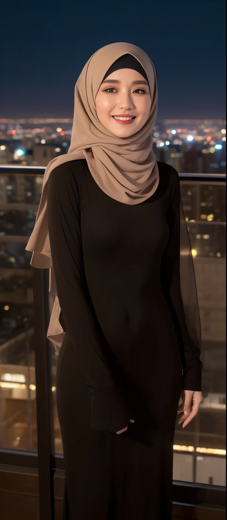 ((Midnight, Best quality, 8k, Masterpiece :1.3)), Whole body, Long legs, Sharp focus, A pretty woman with perfect figure, Slender ag breasts)), (hijab, Standing), ((Night city view, Rooftop)), Highly detailed face and skin texture, Detailed eyes, Double eyelid, smile