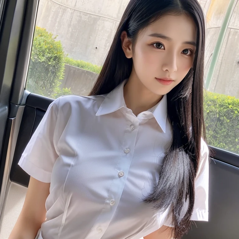 Girl with long black hair、My eyes are clear、The upper body is wearing a uniform, but the front button of the dress shirt is undone and exposed.、Nipples exposed、No clothes on the lower half of the body、huge tit、Masturbating