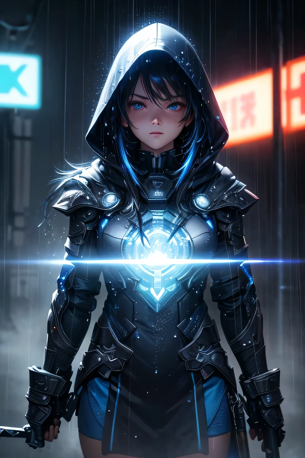 (Ultra detailed:1.3),(grainy:0.8), natural blue lighting, futuristic city, (raining:1.3), (dark:1.3), (fog:1.2), blue lights, neon lights and japanese girl, cape with hood, light logo, [cyberpunk clothing:torn fabric:0.35], blue lights, neon lights, menacing, sharp, (pointing weapon at the viewer:1.2),(Cold Colors:0.75), highly detailed, vibrant appearance, creative behavior, extremly detailed, imaginative, , spontaneous, highest quality, skin texture, intricate details, (cinematic lighting), RAW photo, 8k, masterpiece,best quality,ultra-detailed,very detailed illustrations,extremely detailed,intricate details,highres,super complex details,extremely detailed 8k cg wallpaper,