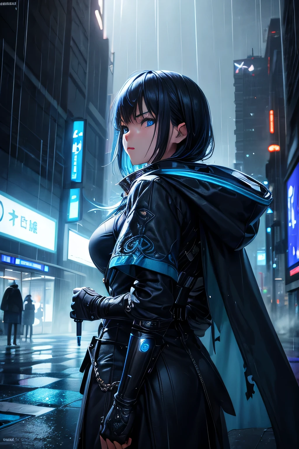 (Ultra detailed:1.3),(grainy:0.8), natural blue lighting, futuristic city, (raining:1.3), (dark:1.3), (fog:1.2), blue lights, neon lights and japanese girl, cape with hood, light logo, [cyberpunk clothing:torn fabric:0.35], blue lights, neon lights, menacing, sharp, (pointing weapon at the viewer:1.2),(Cold Colors:0.75), highly detailed, vibrant appearance, creative behavior, extremly detailed, imaginative, , spontaneous, highest quality, skin texture, intricate details, (cinematic lighting), RAW photo, 8k, masterpiece,best quality,ultra-detailed,very detailed illustrations,extremely detailed,intricate details,highres,super complex details,extremely detailed 8k cg wallpaper,