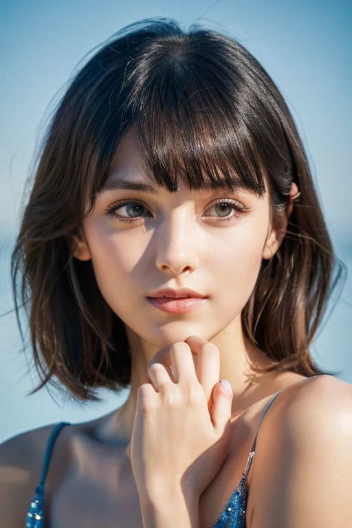 Milenka Mikhailova, (masterpiece), realistic, (portrait of a girl), beautiful face,
sunlight, cinematic light, bangs, beautiful woman, beautiful eyes, short black hair, 
perfect anatomy, very cute, princess eyes, (eyes black), (frame head), centered, stylized, 
bioluminescence, 8k resolution, low-cut white dress with small blue details, human hands, 
full of wonder, elegant, approaching perfection, dynamic, highly detailed, character sheet , 
concept art, soft , looking directly at the viewer positioned so that her body is symmetrical and balanced, 
incredibly beautiful, short black detailed hairstyle with bangs,