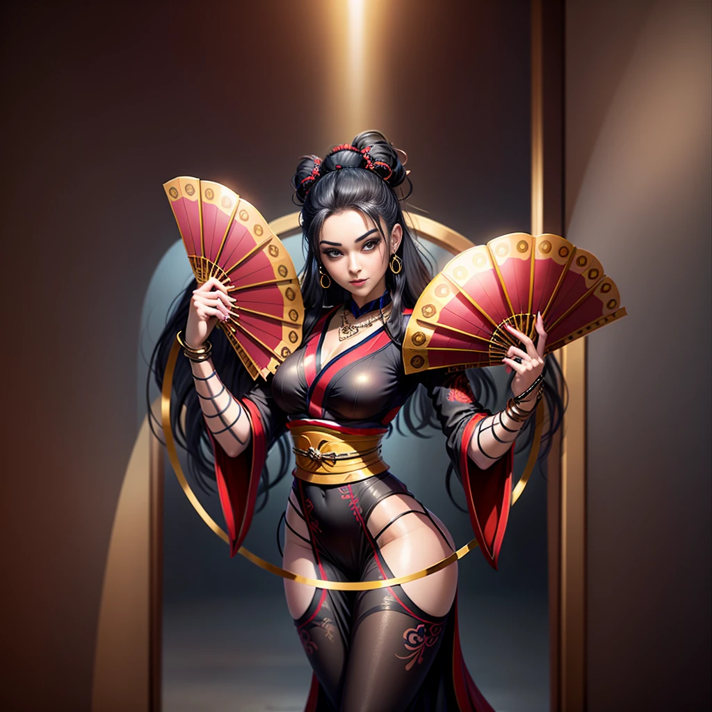 Queen, beautiful, necklace, black hair in 1 top knot,2 hair pins,sexy, design on clothes,milf,design on clothes,milf,form fitting kimono type clothes, red-mehroon fans, reddish clothes, gold patterns,high quality,8k, slight smile, villainess