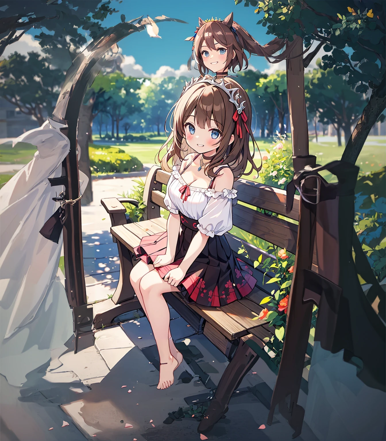 1 girl, Alone, ssmile, sitted, has cleavage, shoulder cutout, woven, a skirt, Brown hair, eBlue eyes, side woven, The face is red, Long gray hair, the benches, Grinning, Outdoor sports, white a skirt, jewely, Clothing cutting, through bangs, choker necklace, Flower, bblurry, (leglurry background between hands, , the bow, face to the viewer, , shoulder, sun has cleavage, straw has cleavage, day, 鎖骨, hair the bow, short- sleeved, The foot extends beyond the frame, ribbons, Brown tiara, on the benches, depth of fields, park the benches, ^_^, Hair over the shoulder, seen from the side, looking at viewert,