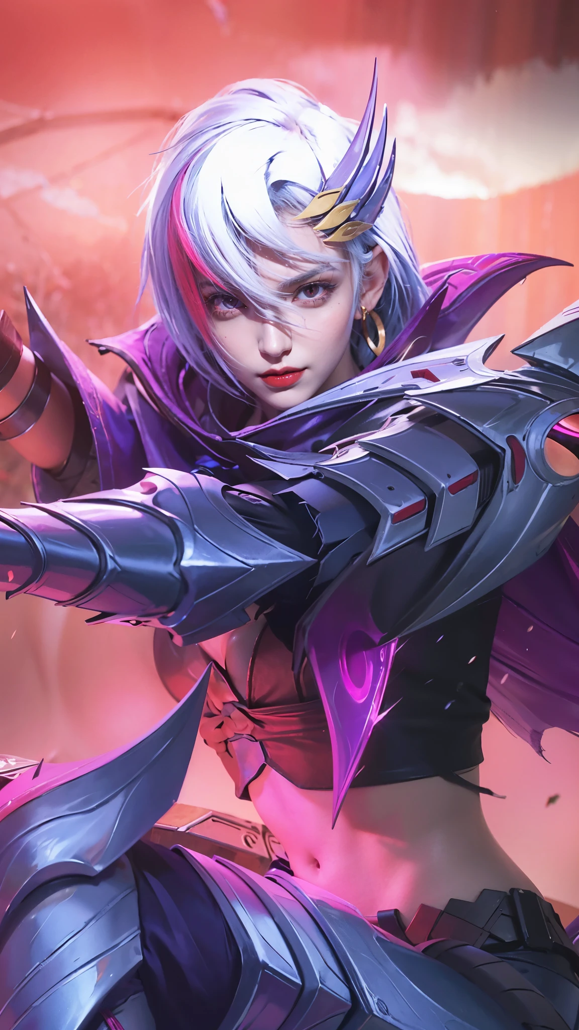 (female:1.2), 8k, ultra hd, ultra detailed texture, hyper realistic, masterpiece, detailed texture, detailed face, detailed skin, detailed lighting, (photorealistic:1.5), best quality, beautiful lighting, cinematic lighting, professional lighting, ultra highres, realistic, detailed hair, real hair, high quality, (realskin:1.5), extremely detailed, finely detail, ultra-detailed, 1girl, solo, elf, pointy ears, standing, demon horns, forehead protector, (red eyes:1.5), v-shapped eyebrow, lips, red lips, evil smile, nose, make up, pretty, beautiful, cute face, long hair, blue hair, high ponytail, large breasts, cleavage, armpit, navel, stomach, black armor, pauldrons, bare shoulders, shoulder armor, thigh high, sleevless, detached sleeves, breastplate, gauntlets, karina \(mobile legends\), depth of field, looking aways, white skin, skin tight, amazing pose, outdoors, glowing, dark view, blurry background