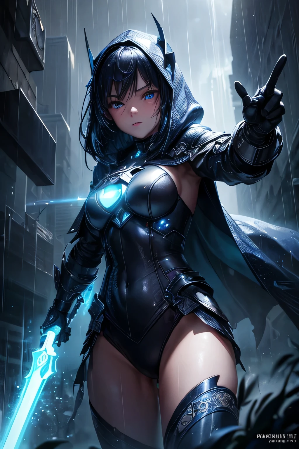 (Ultra detailed:1.3),(grainy:0.8), natural blue lighting, futuristic city, (raining:1.3), (dark:1.3), (fog:1.2), blue lights, neon lights and japanese girl, cape with hood, light logo, [cyberpunk clothing:torn fabric:0.35], blue lights, neon lights, menacing, sharp, (pointing weapon at the viewer:1.2),(Cold Colors:0.75), highly detailed, vibrant appearance, creative behavior, extremly detailed, imaginative, , spontaneous, highest quality, skin texture, intricate details, (cinematic lighting), RAW photo, 8k, masterpiece,best quality,ultra-detailed,very detailed illustrations,extremely detailed,intricate details,highres,super complex details,extremely detailed 8k cg wallpaper,