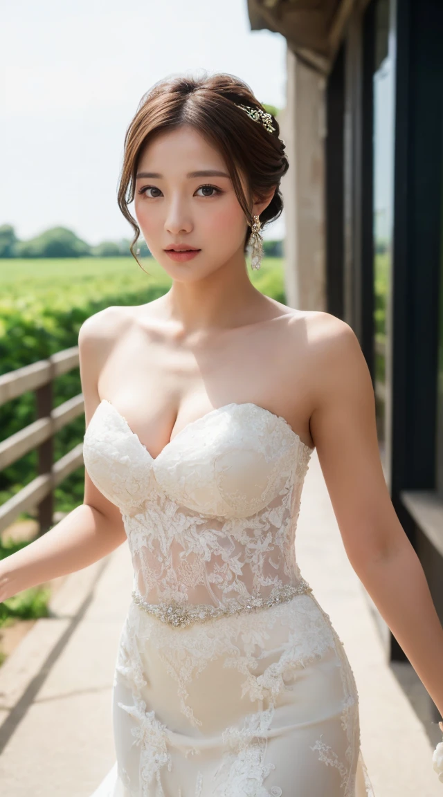 ((Best Quality, 8K, Masterpiece: 1.3)), 1girl, Slim Abs Beauty: 1.3, (Updo Hairstyle, Big: 1.2),, Super Fine Face, Delicate Eyes, Double Eyelids, (sexy wedding gown: 1.2), full length shot, farm with flowers,