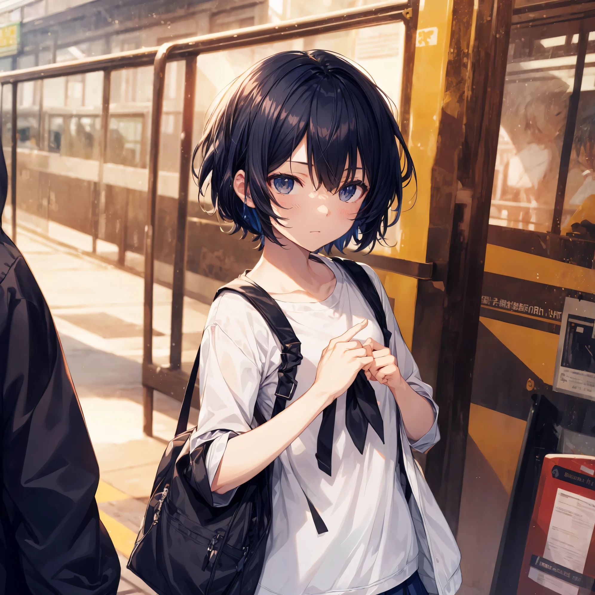 Super high quality by the art god, Ultra-detailed, High resolution, Shinkai Makoto style, anime moe art style, best anime 8K konachan wallpaper, Pixiv Contest Winner, Perfect Anatomy, BREAK,(Please draw a sleepy girl going to school alone.. ),BREAK, a hyperrealistic schoolgirl, (Solo,Lori,child,13years:1.3),Full limbs, complete fingers,a junior high school student, Androgynous attraction, (extra very short hair), hair messy, flat and soft chest, Small butt, groin, Small eyes,Beautiful detailed black eyes, Well-proportioned iris and pupils, disgusted eye, High resolution detailed hair, School uniform, Skirt, On the way to school. BREAK,Ultra-detailed細なスキン, Best lighting by famous artists, 8K, Illustration,