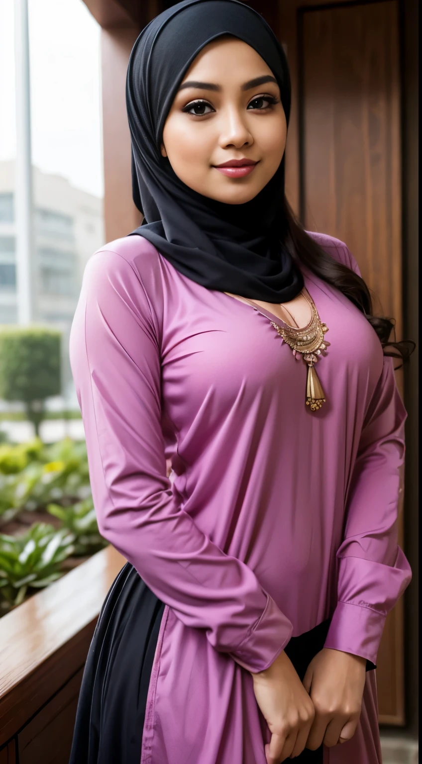 RAW, Best quality, high resolution, masterpiece: 1.3), small head, beautiful Malay woman in hijab,Masterpiece, perfect fit body, ((Huge breast)), biggorgeous eyes, Soft smile,muslim woman in a plain long sleeve shirt and hijab posing for a picture, hijab, with lovely look, with beautiful colors, with accurate face, pose 4 of 1 6, traditional beauty, batik, wearing beautiful clothes, beutifull, with beautiful exotic, attractive pose, cute pose, scarf, wearing plain chiton, very attractive , she is smiling,Delicate turtleneck, necklace, shairband, afternoon walk, City garden, Excellent lighting, Bright colors, Clean lines