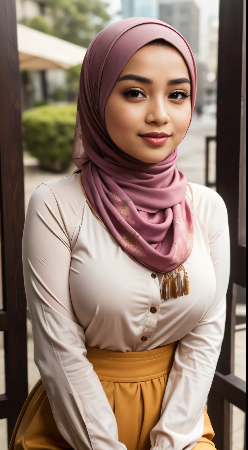 RAW, Best quality, high resolution, masterpiece: 1.3), small head, beautiful Malay woman in hijab,Masterpiece, perfect fit body, ((Huge breast)), biggorgeous eyes, Soft smile,muslim woman in a plain long sleeve shirt and hijab posing for a picture, hijab, with lovely look, with beautiful colors, with accurate face, pose 4 of 1 6, traditional beauty, batik, wearing beautiful clothes, beutifull, with beautiful exotic, attractive pose, cute pose, scarf, wearing plain chiton, very attractive , she is smiling,Delicate turtleneck, necklace, shairband, afternoon walk, City garden, Excellent lighting, Bright colors, Clean lines