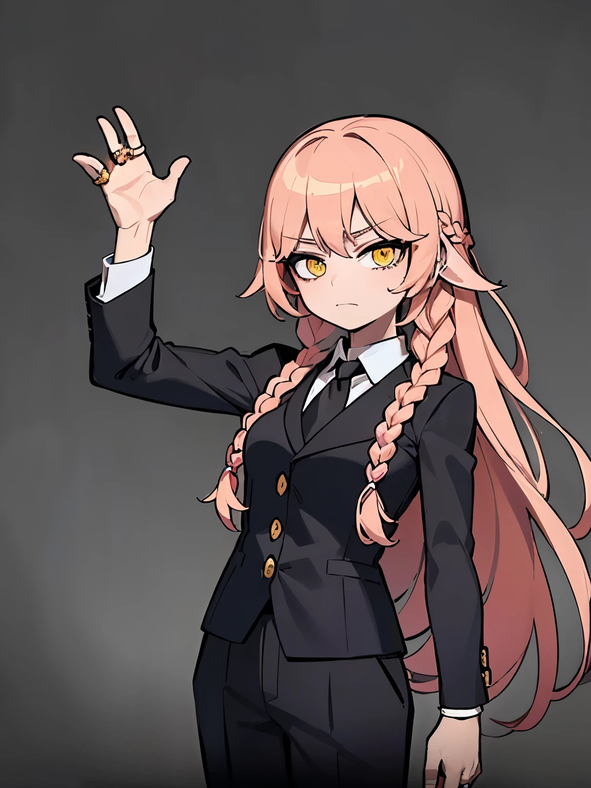((masterpiece、top-quality))、(独奏)、(female focus)、(Salmon pink hair、Braided hair、Braiding、Ring、Black tie)、yellow eyes、Closed、(white shirt)、(Black slacks)、is standing、White background、back arms、dynamic ungle、The upper part of the body、Mature Woman