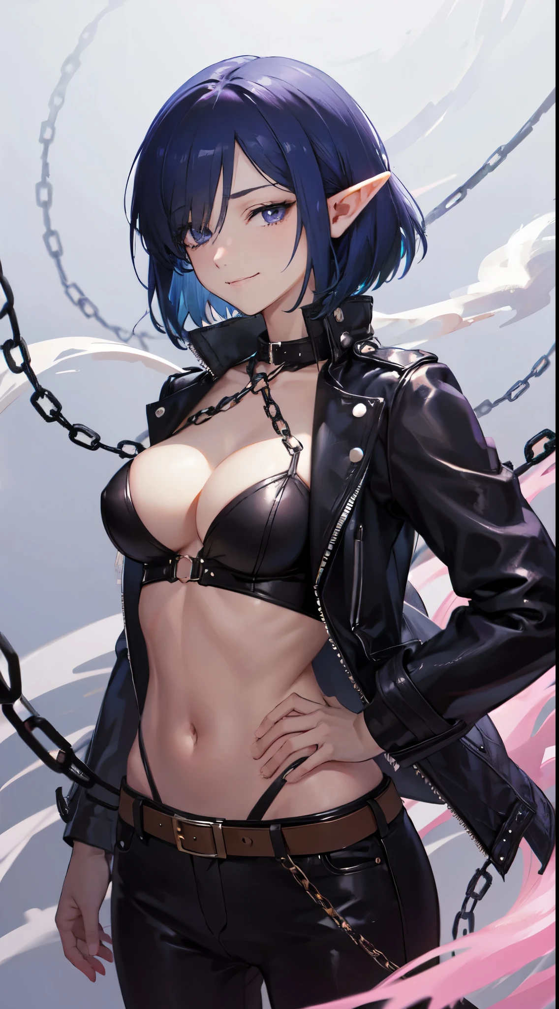 (Masterpiece),(beste-Qualit),Highly detailed,Ultra-detailed, chain mythology, (elf), 1girl, 独奏, big breastes, Sweet girl, Bob cut hair, Parted bangs, (hair above one eye), white colored hair, violet eyes, smirk, Black leather jacket with spikes, open belly, breeches, Chains on clothes, scar on face, cigarette, Smoke, hiquality, 4k, HD, Good detail, style artgerm, Author: Kawacy, Yusuke Murata