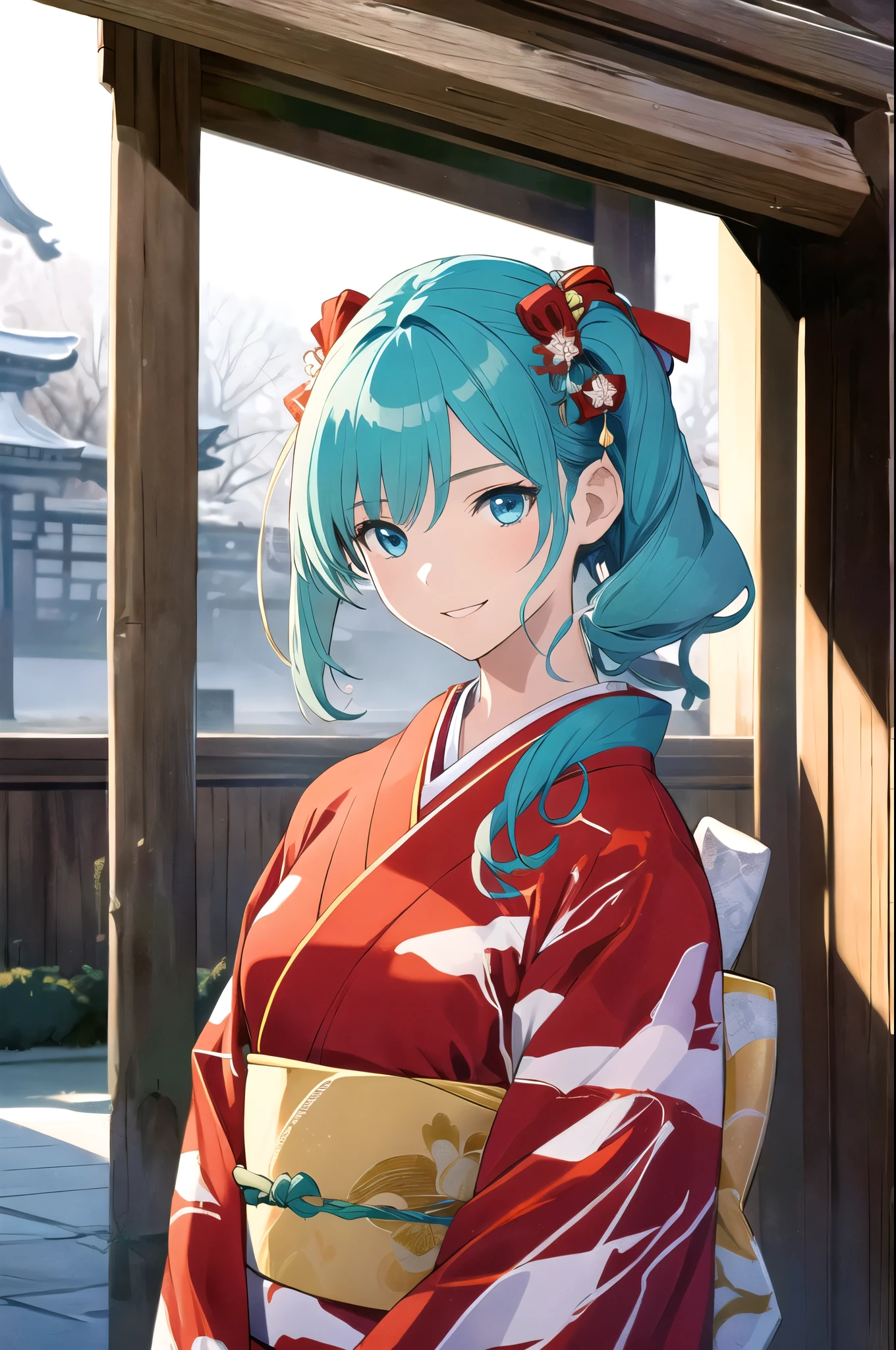 (masterpiece, best quality), dynamic angle, (One girl), amazing, Fine details, Official art, the Extremely Detailed CG Unity 8K Wallpapers, perfect human body, perfect woman body, (beautiful anime faces:0.8), (one girl), (Slender body), (Captivating and realistic anime women), Beautiful style, beautiful alluring anime woman, smile, Masterpiece Portrait, Glowing blue eyes, (miku hatsune:1.2), (kimono), winter, With a shrine in the background