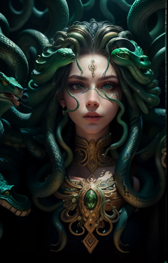 ((best quality)), ((masterpiece)), ((realistic)), Medusa, full body, the hair is composed of countless small snakes, green eyes, female face, metal carved top, royal aura, trend on artstation , sharp focus, studio photo, intricate detail, very detailed, detailed eye, illustration, very detailed, sharp focus, digital render, professional, 4k