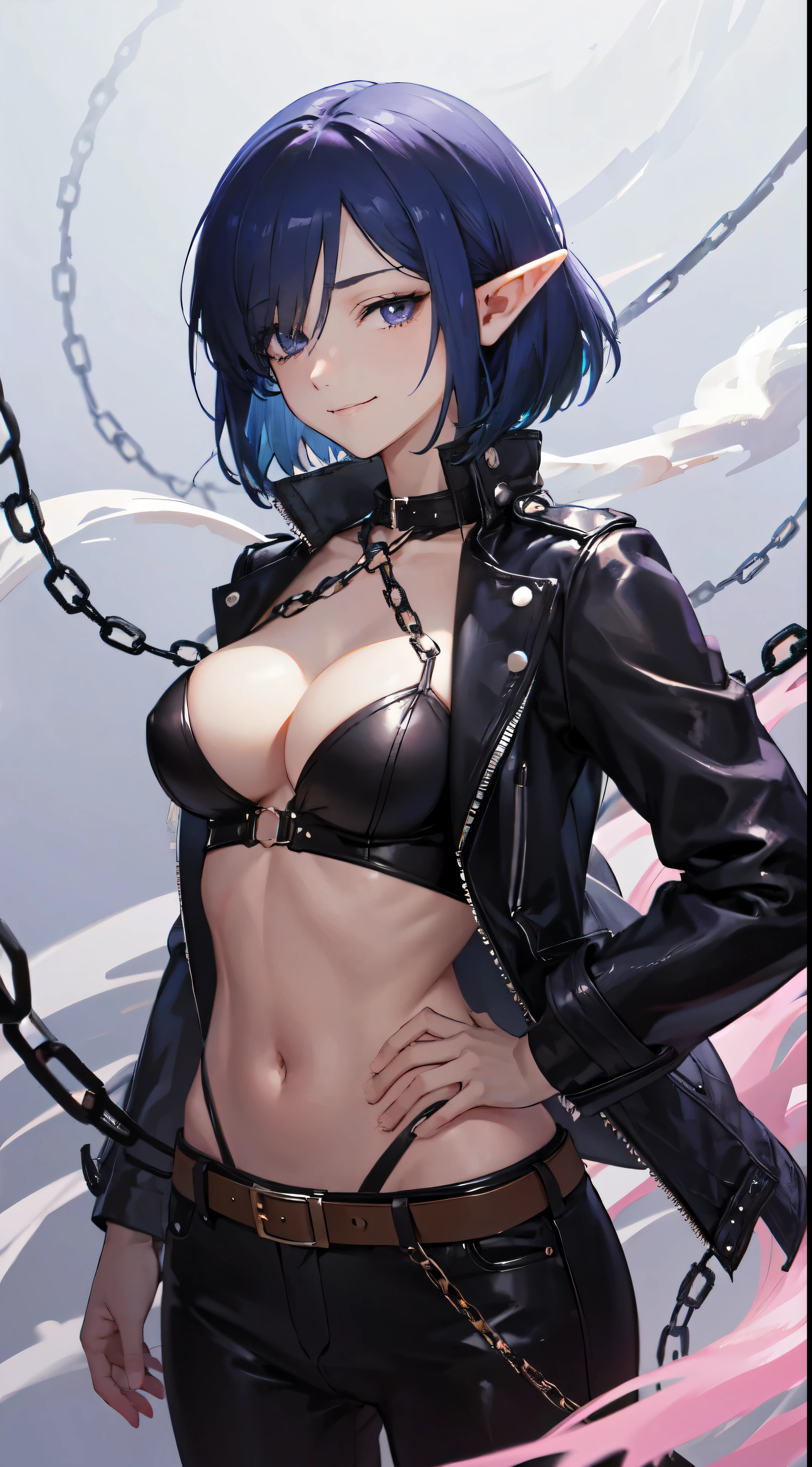 (Masterpiece),(beste-Qualit),Highly detailed,Ultra-detailed, chain mythology, (elf), 1girl, 独奏, big breastes, Sweet girl, Bob cut hair, Parted bangs, (hair above one eye), white colored hair, violet eyes, smirk, Black leather jacket with spikes, open belly, breeches, Chains on clothes, scar on face, cigarette, Smoke, hiquality, 4k, HD, Good detail, style artgerm, Author: kawacy, Yusuke Murata