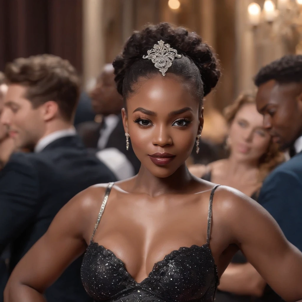 ((Dark African skin, Very deep ebony skin)), ((Its beauty undeniable)), ((Excited cute face)), ((Hyper detailed perfect eyes,)), ((Language output)), ((Seductive)), ((Venetian Masquerade Mask, chic black glitter dress)), ((Afro ponytail with long African curly hair)), ((full body, side view)), ((arms in the air)), ((indoor, gala, dancing, club, Masquerade Ball, people in the background)), Sharp Focus CGI, photoreallistic, High detail, Realstic, Masterpiece, absurdes, Best quality, Hdr, High quality, high-definition, Extremely detailed, 8k wallpaper, Intricate details, 8K UHD, Full-HD, (photo realist:1.2), contraste, intense illumination, lighting cinematic, natural lighting, veilleuse, Nuit, Illumination globale, Laughing out loud, a la piscine African women、Female sexy, the hague