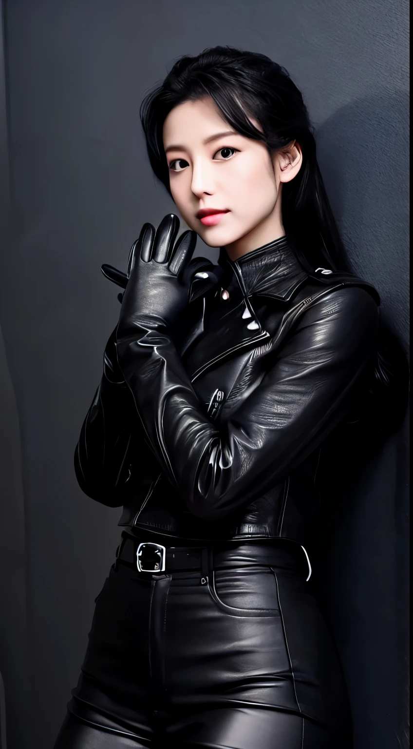 Black leather riders jacket, Office in the Dark, Black leather glove fingertips on both hands,Wearing black leather gloves,Sitting in a black leather chair、 Japan Female New Employees (Black leather gloves cover both hands) (The angle is sideways)、Black Leather Leather Pants,Black Leather Black Leather Pants,Black Leather Skinny Pants、Long black leather boots on both feet、Black Hair Ponytail ((He wears black leather gloves on his hands))Full body photo,Full Body Shot Full Body Full Body Leather Suit,☺If you turn in this direction。Wearing black leather gloves,Wearing black leather gloves,Wearing black leather gloves,Wearing black leather gloves,Wearing black leather gloves,Wearing black leather gloves,黒のレザーパンツが美しい😍黒のレザーパンツが美しい😍黒のレザーパンツが美しい,😍I&#39;m smiling while looking at you,Full body photo,Full body photo,Full body leather wear