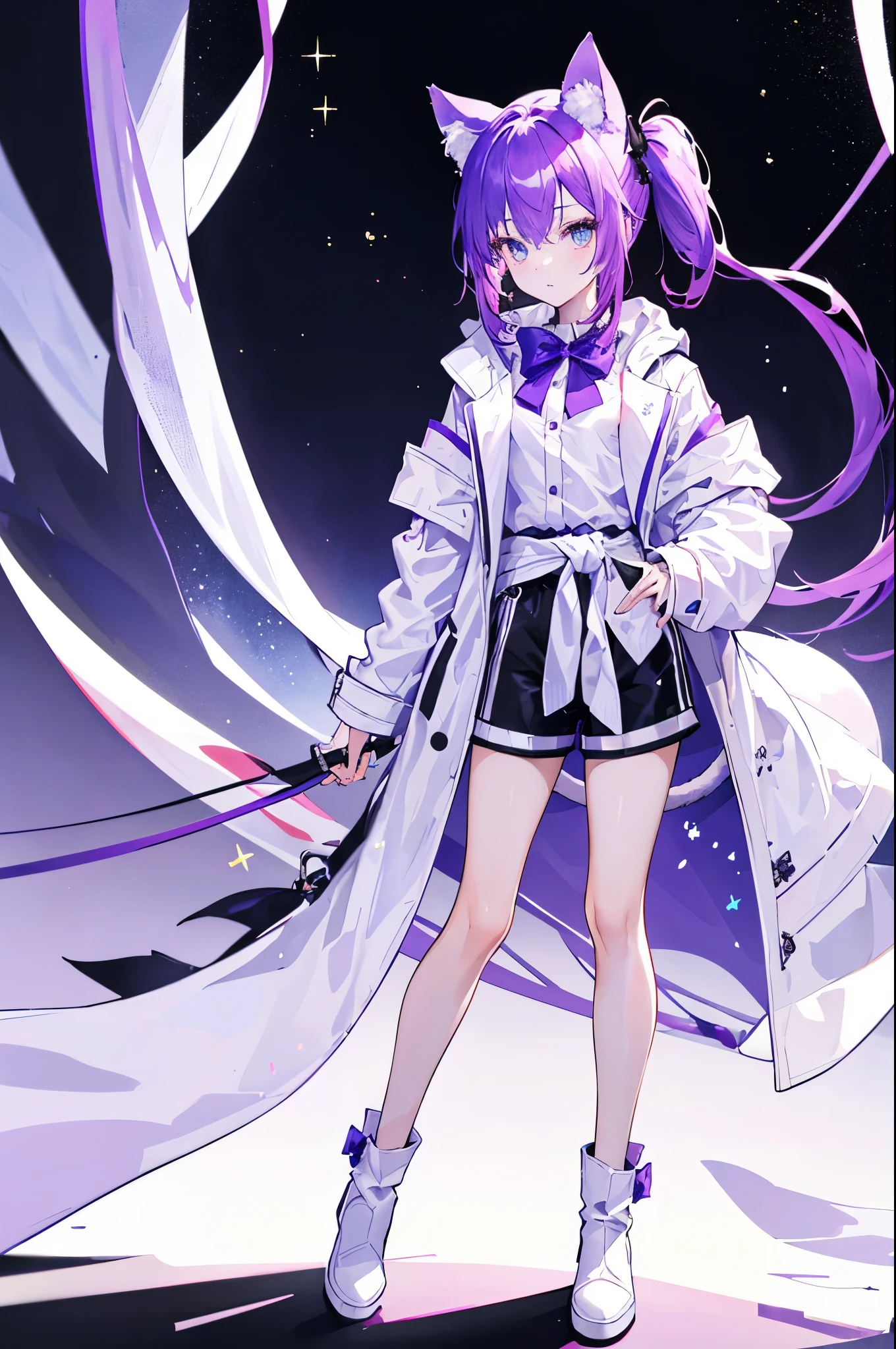 masterpiece, best quality, full body portrait, (single: 1.3), (only one person: 1.5), a girl with cat ears and a tail, cute and fluffy, purple hair with gradient effect, shiny and smooth, double ponytails, eyes with stars, sparkling and dreamy, ((tied a white sports coat on its waist)), ((black short pants)), (naked legs: 1.3), white boots with purple bows