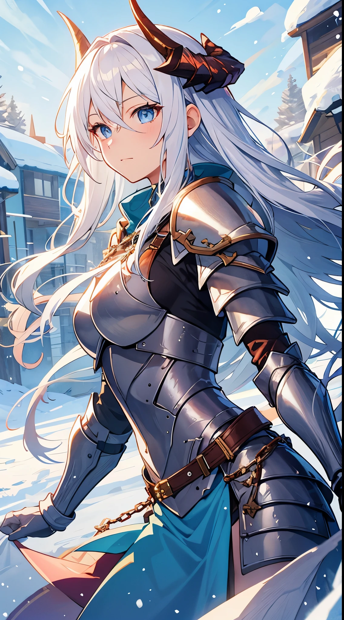 [[[ ultra-detailed, best quality, soft skin, beautiful, 4K]]] white hair, blue eyes, tied-up hair, straight hair,  slender body, dynamic angle, chainmail, full white plate armor, frost dragon horns, calm expression, female, snowy village background