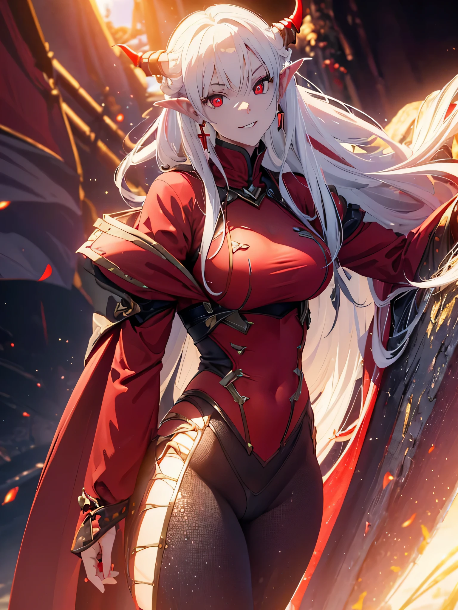 Vampires have blazing blood red eyes, with a devilish smile, Pointed ears with earrings, Long white hair with red highlights, long fingernails, middling, big chest and thin waist, Wide hips, bigger, bigger腿粗, in an majestic man pose, The head was slightly raised, (Hyper-realistic txt extremely detailed 8k CG unit wallpaper}, Expansive landscape photography, (Low perspective focusing on the model), (Broad perspectives), (high-angle shot), (to emphasize: 1.6), (Low light: 1.2), (Warm light source: 1.8), Complicated details, (Irridescent color: 1.5), (Bright lights), (ambientlighting), Surreal, badass, majestic man