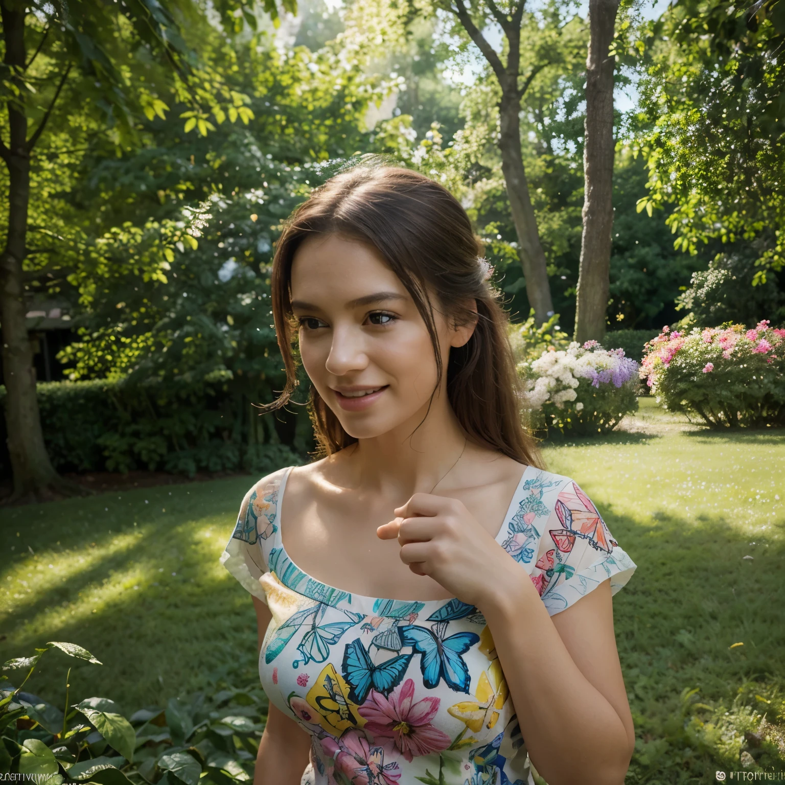 (best quality,4k,8k,highres,masterpiece:1.2),ultra-detailed,(realistic,photorealistic,photo-realistic:1.37), HDR, UHD, studio lighting, ultra-fine painting, sharp focus, physically-based rendering, extreme detail description, professional, vivid colors, bokeh, portraits, soft pastel colors, natural lighting, dreamlike atmosphere, playful, joyful, cheerful, garden, blooming flowers, green grass, tall trees, sunlight filtering through leaves, colorful butterflies, peaceful, carefree, innocence, happiness, abstract, impressionistic style, loose brushstrokes, vibrant color palette, dynamic composition