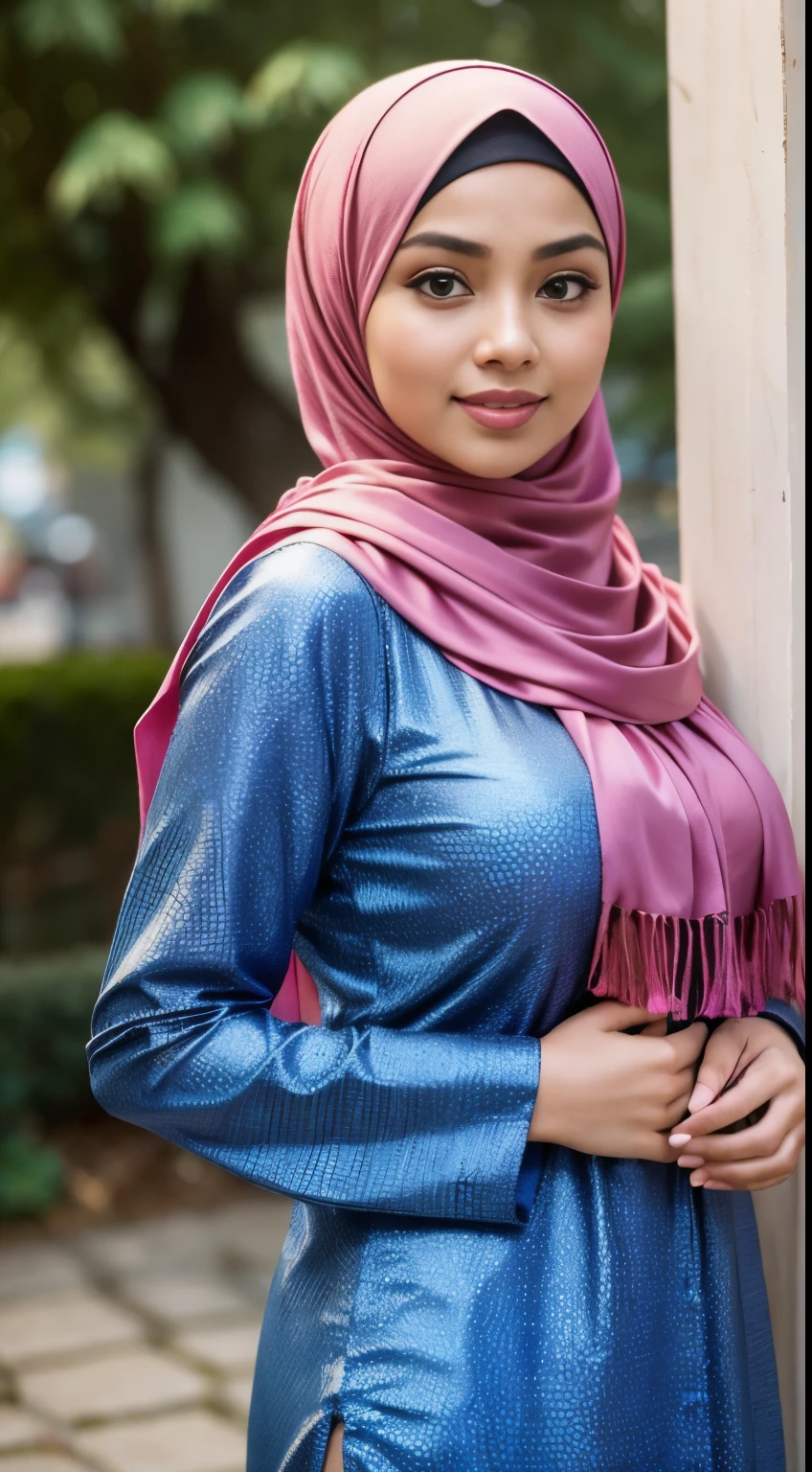 RAW, Best quality, high resolution, masterpiece: 1.3), beautiful Malay woman in hijab,Masterpiece, perfect fit body, ((Huge breast)), biggorgeous eyes, Soft smile,muslim woman in a plain long sleeve old satin shirt and hijab posing for a picture, hijab, with lovely look, with beautiful colors, with accurate face, pose 4 of 1 6, traditional beauty, batik, wearing beautiful clothes, with beautiful exotic, attractive pose, cute pose, scarf, wearing plain chiton, very attractive , she is smiling, necklace, afternoon walk, City garden, Excellent lighting, Bright colors, Clean lines