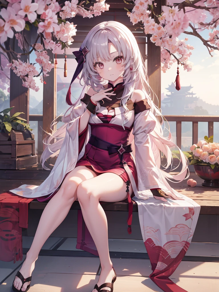 Best Quality, masutepiece, hight resolution,3女の子,Beautiful face,Full body,chinese clothes,white daoist robes,Grasp the sword with your right hand (gorgeous decoration),Peach tree,