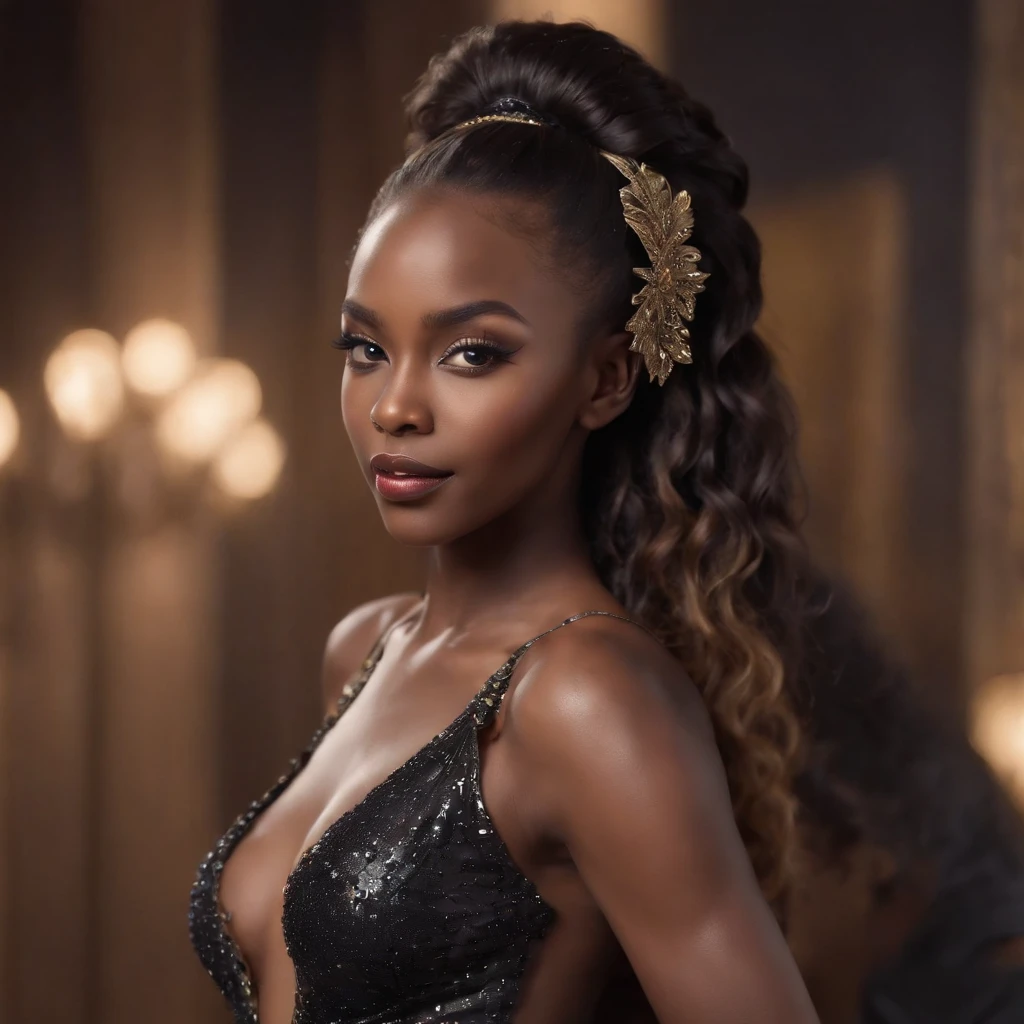 ((Dark African skin, Very deep ebony skin)), ((Its beauty undeniable)), ((Excited cute face)), ((Hyper detailed perfect eyes,)), ((pose mignonne)), ((Langue sortie)), ((Seductive )), ((Black Venetian Masquerade Mask, chic black glitter dress)), ((Afro ponytail with long African curly hair,)), (( peau)), ((debout, vue de face)), ((toucher ses propres jambes dans une pose sexy)), ((indoor, gala, dancing, club, Masquerade Ball, people in the background)), Sharp Focus CGI, photoreallistic, High detail, Realstic, Masterpiece, absurdes, Best quality, Hdr, High quality, high-definition, Extremely detailed, 8k wallpaper, Intricate details, 8K UHD, Full-HD, (photo realist:1.2), contraste, intense illumination, lighting cinematic, natural lighting, veilleuse, Nuit, Illumination globale, Laughing out loud, a la piscine African women、Female sexy, the hague