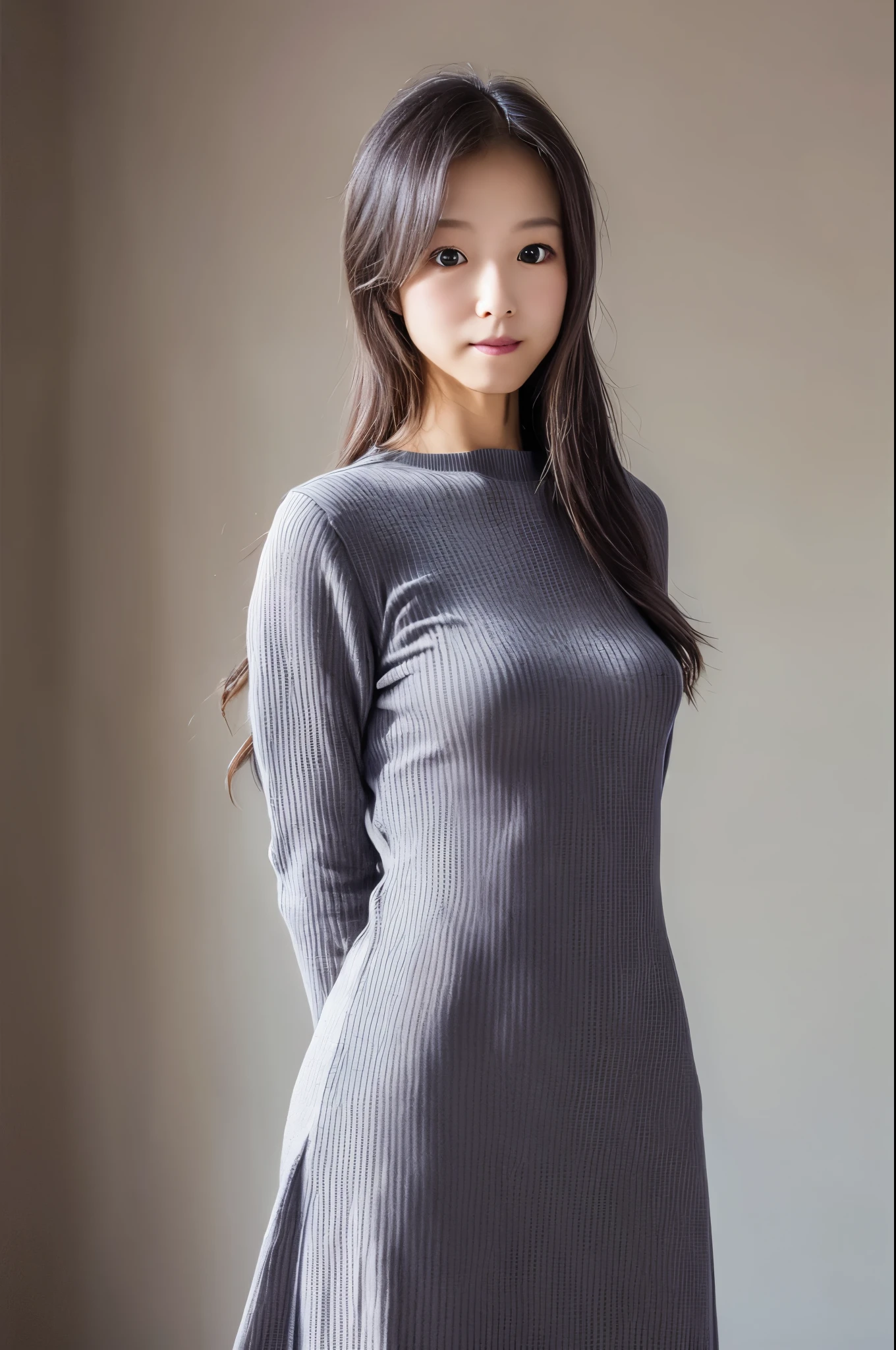 (High reality photograph, high resolusion, detailed face, detailed eyes) Japanese lady, 40 years old, cute face, skinny figure, very skinny waist, long hair, alone in a photo, tight knit dress