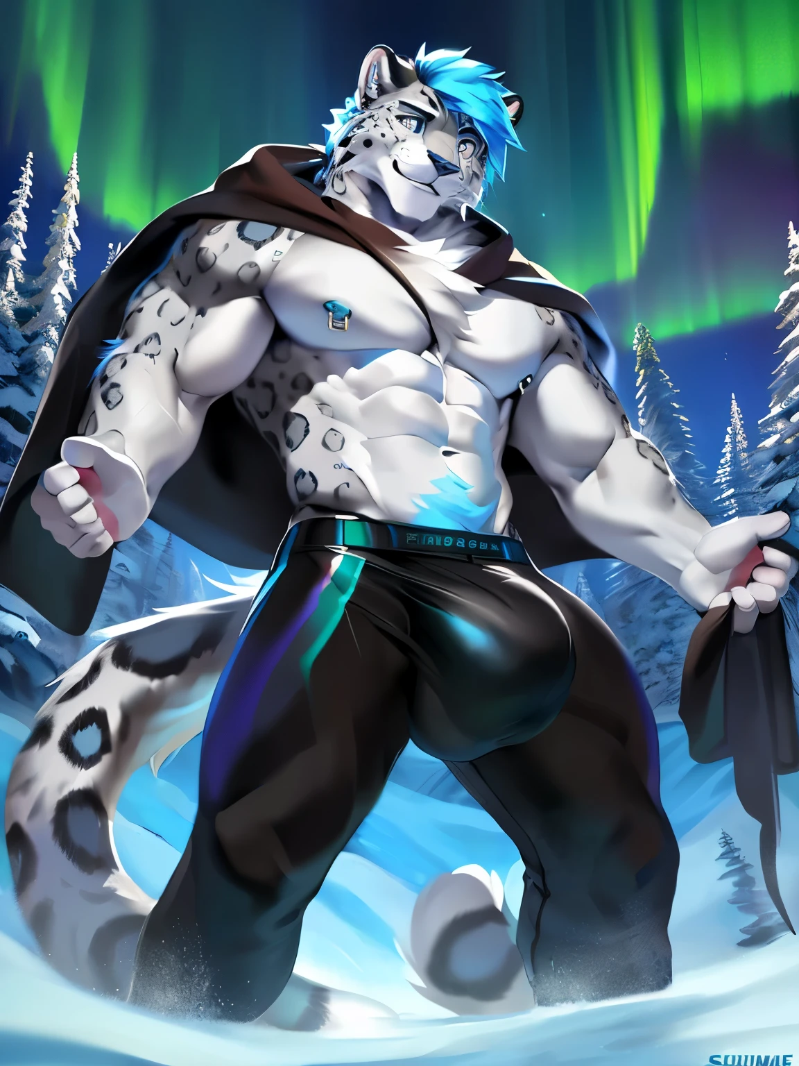 ((solo)), by Pino Daeni, by Ruan Jia, by Shiitakemeshi, by Alayna Lemmer, by Carlo Galli Bibiena, dynamic  portrait of  a handsome ((male anthro furry snow_leopard)) in an icy forest. Full body. Biceps, muscular, large pecs. Blue nipples, nipple piercings, Young, thin. he is wearing dark brown cloak, bare chested, tight underwear, huge bulge, huge balls, massive bulge, genital outline, genital outline, (((handsome, proud, detailed face, detailed clear eyes and pupils,  detailed hair, (fluffy))), (magical vibe), hair, tuft ), insane details, 8k,  unreal engine, cold volumetric light,  masterpiece , blurred background, cinematic composition.(detailed Chunie lighting), (detailed fur), (((crepuscular ray))), adorable paws:1.3, realistic proportion,aurora, genital outline, straining balls