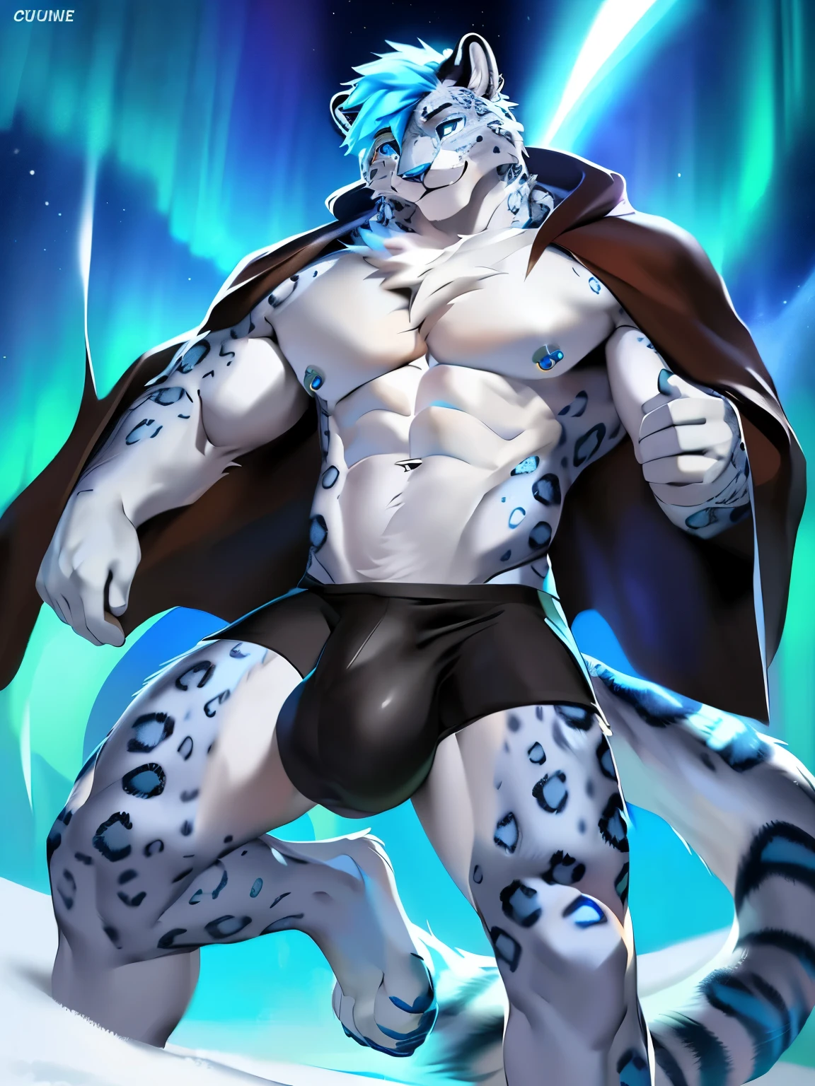 ((solo)), by Pino Daeni, by Ruan Jia, by Shiitakemeshi, by Alayna Lemmer, by Carlo Galli Bibiena, dynamic  portrait of  a handsome ((male anthro furry snow_leopard)) in an icy forest. Full body. Biceps, muscular, large pecs. Blue , , Young, thin. he is wearing dark brown cloak,  chested, tight , huge bulge, , massive bulge,  outline,  outline, (((handsome, proud, detailed face, detailed clear eyes and pupils,  detailed hair, (fluffy))), (magical vibe), hair, tuft ), insane details, 8k,  unreal engine, cold volumetric light,  masterpiece , blurred background, cinematic composition.(detailed Chunie lighting), (detailed fur), (((crepuscular ray))), adorable paws:1.3, realistic proportion,aurora,  outline, straining 