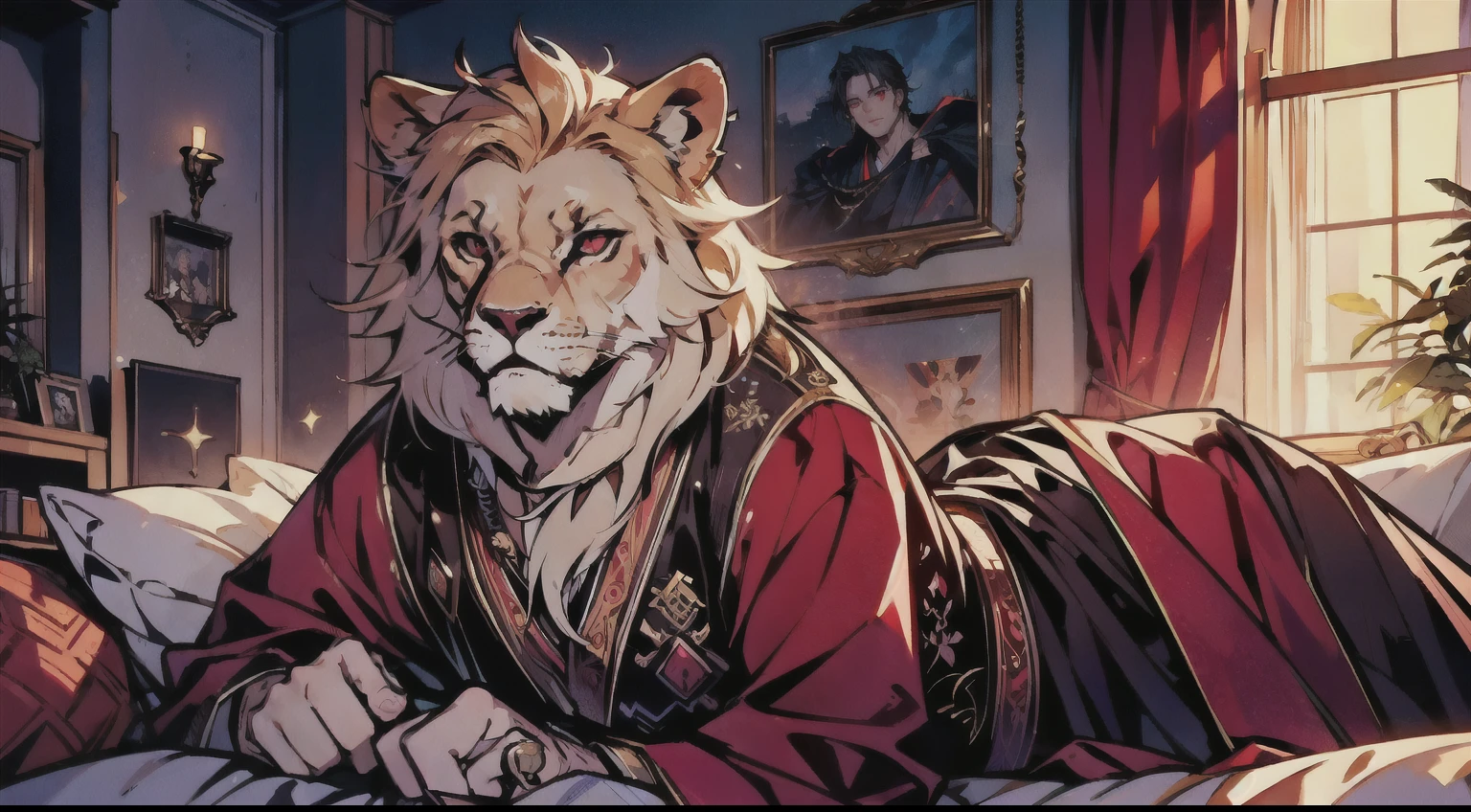 ((​masterpiece))、(((最hightquality)))、(hightquality、Breathtaking)、(Expressive Ace Perfect)、Big lion、male people、年轻、red eyes、livingroom、Sitting on a beige sofa、、red blush、Unparalleled beauty,face perfect、、(male people二人、male peopleだけ,),Perfect Eye、Lying in bed、Traditional costumesに身を包んだ、Traditional costumes、、、ファッションmodeled、actor、modeled、brand costume、、well-muscled、,