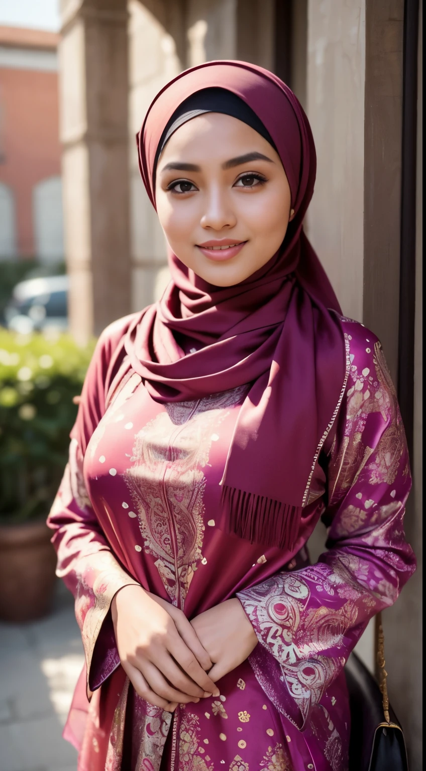 RAW, Best quality, high resolution, masterpiece: 1.3), beautiful Malay woman in hijab,Masterpiece, perfect fit body, ((Huge breast)), biggorgeous eyes, Soft smile,muslim woman in a plain long sleeve old satin shirt and hijab posing for a picture, hijab, with lovely look, with beautiful colors, with accurate face, pose 4 of 1 6, traditional beauty, batik, wearing beautiful clothes, with beautiful exotic, attractive pose, cute pose, scarf, wearing plain chiton, very attractive , she is smiling, necklace, afternoon walk, City garden, Excellent lighting, Bright colors, Clean lines